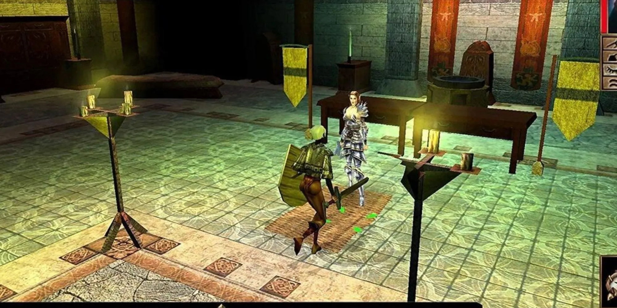 Nhân vật người chơi nói chuyện với NPC trong Neverwinter Nights Enhanced Edition.