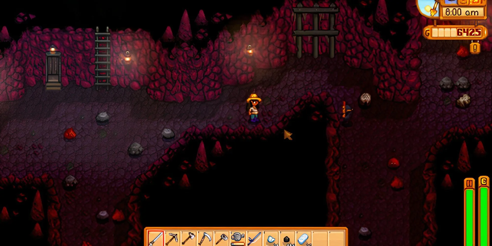 Nhân vật người chơi Stardew Valley đang chiến đấu với quái vật trong hầm mỏ tối tăm và nguy hiểm.