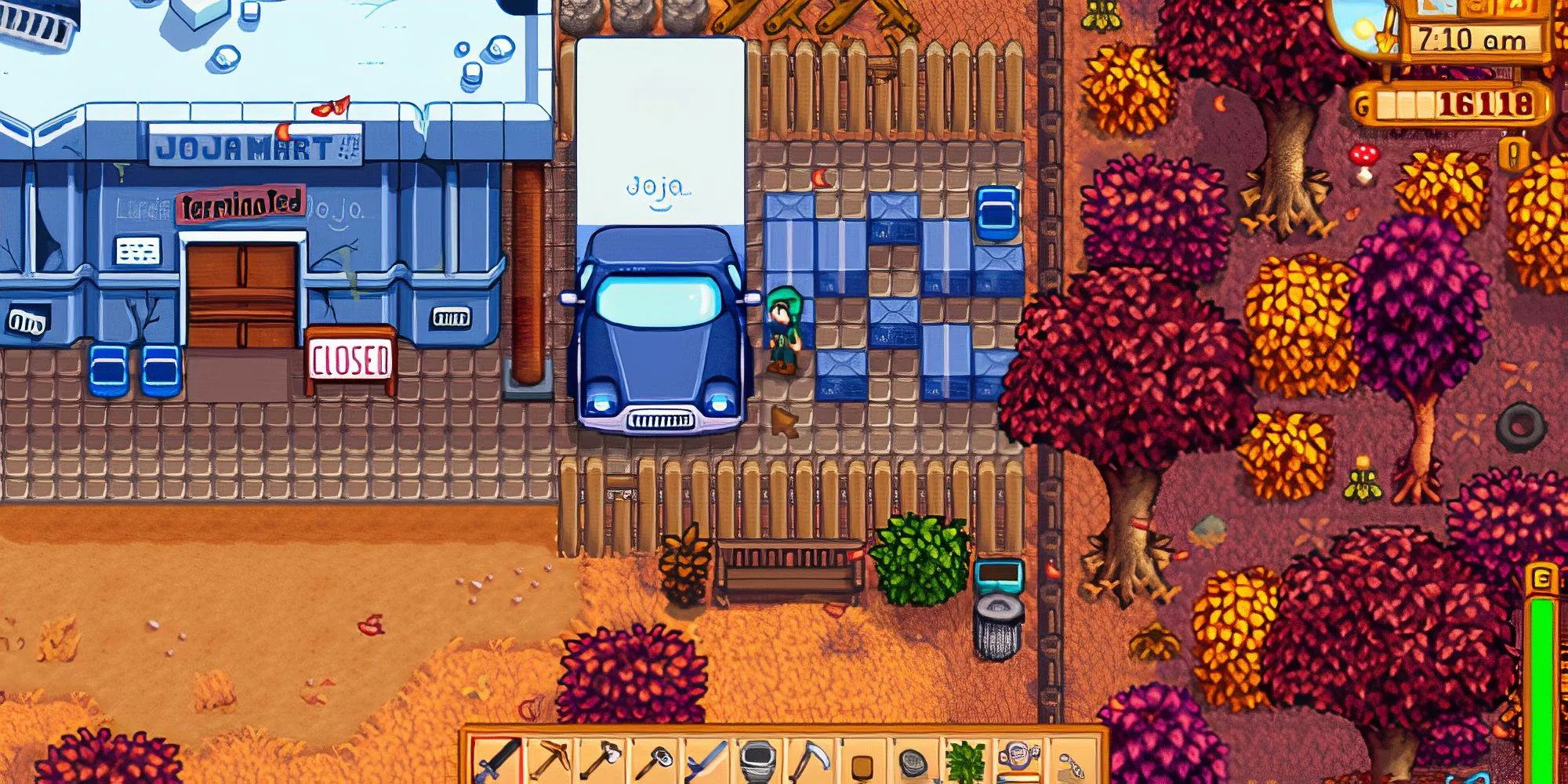 Nhân vật người chơi Stardew Valley đứng trước cửa hàng JojaMart với vẻ mặt đăm chiêu.
