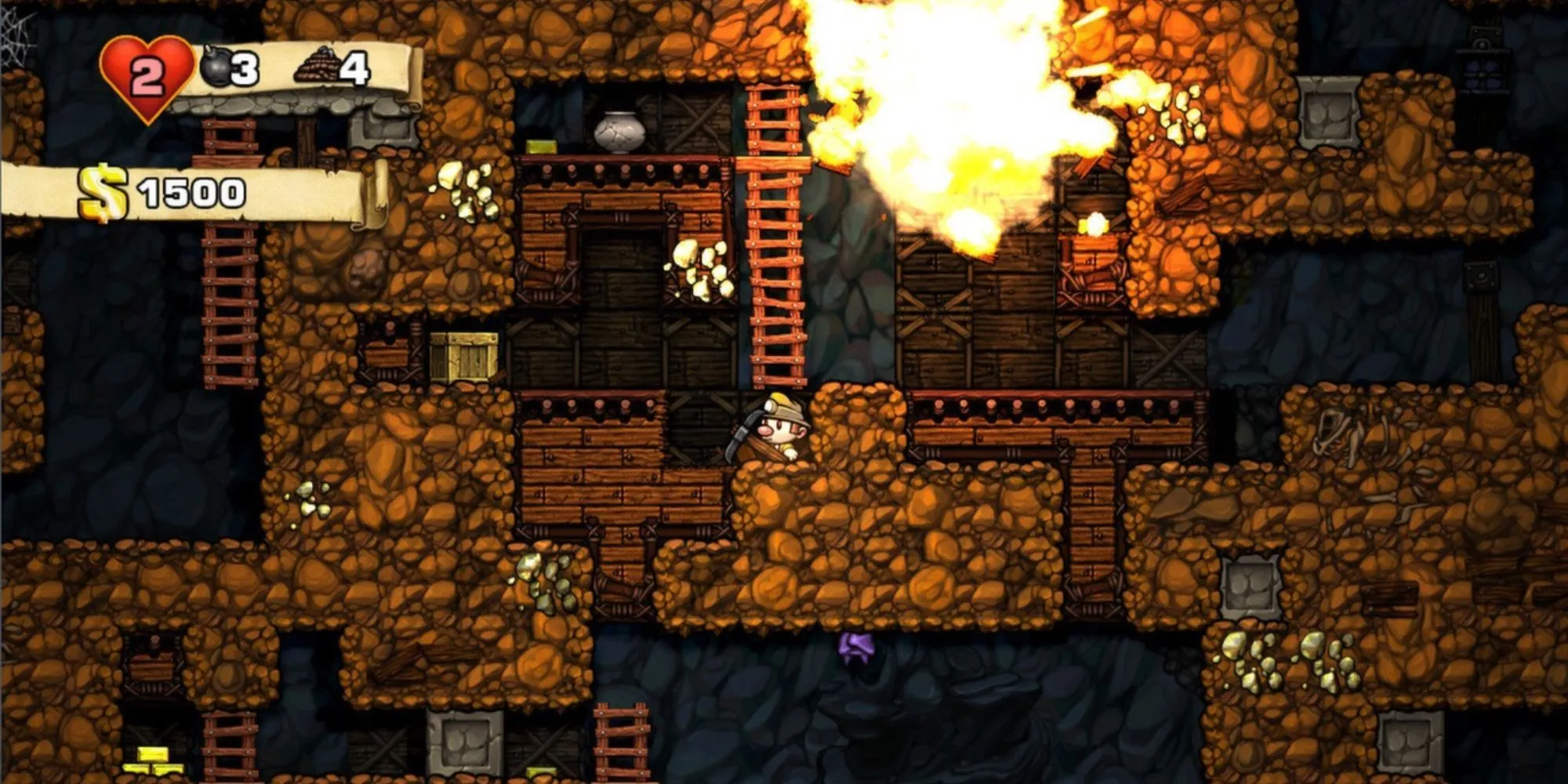 Nhân vật nhà thám hiểm trong Spelunky đang đối mặt với bẫy và kẻ thù trong hang động