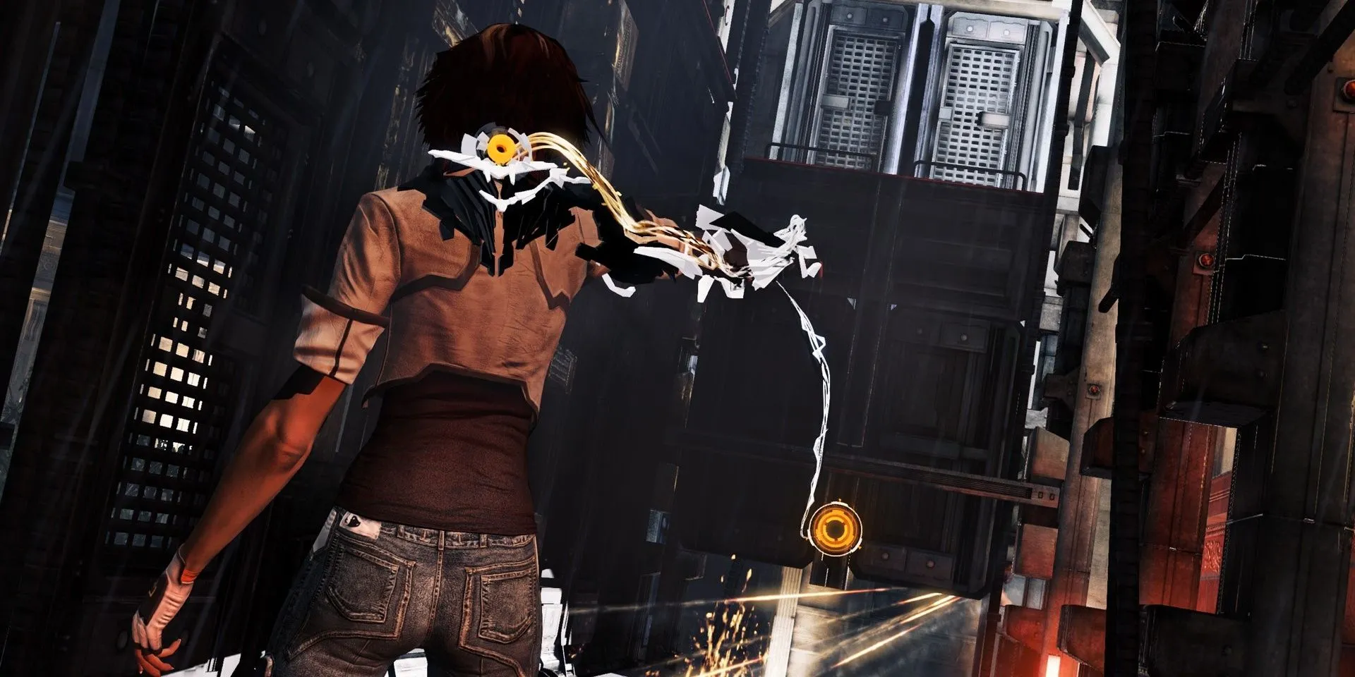 Nhân vật Nilin điều khiển máy móc trong thế giới cyberpunk của game Remember Me