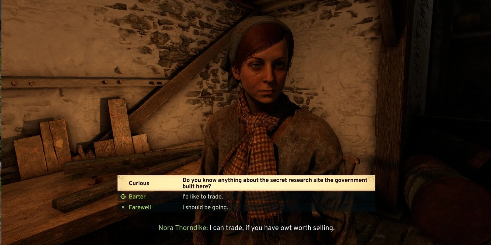 Nhân vật Nora trong game Atomfall tại trang trại ở Sekethermoor, người nắm giữ thông tin về Signal Redirector.