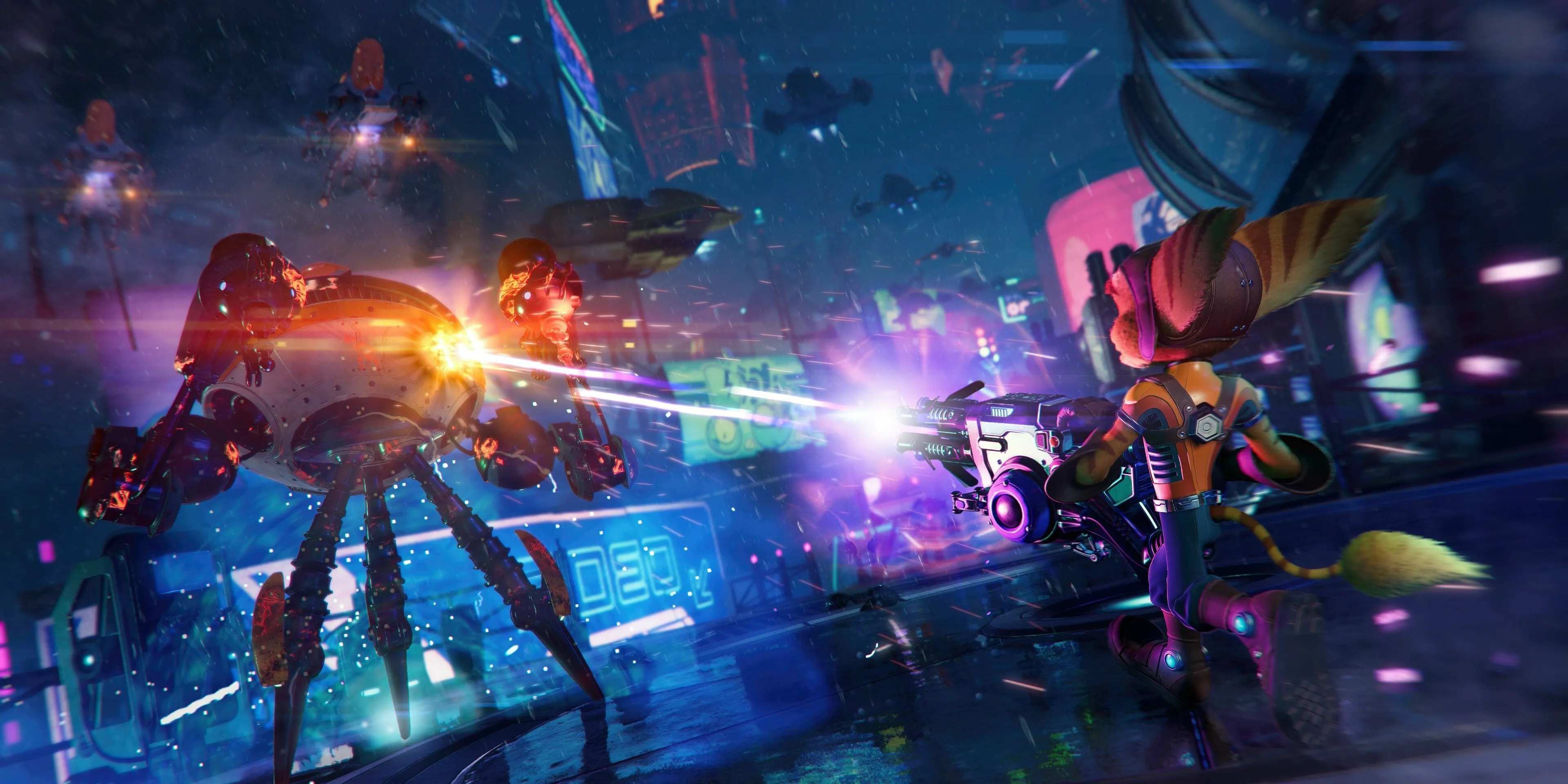 Nhân vật Ratchet chiến đấu trong game Ratchet &amp; Clank: Rift Apart, game sử dụng sức mạnh PS5 SSD cho trải nghiệm chuyển cảnh đa vũ trụ siêu tốc.