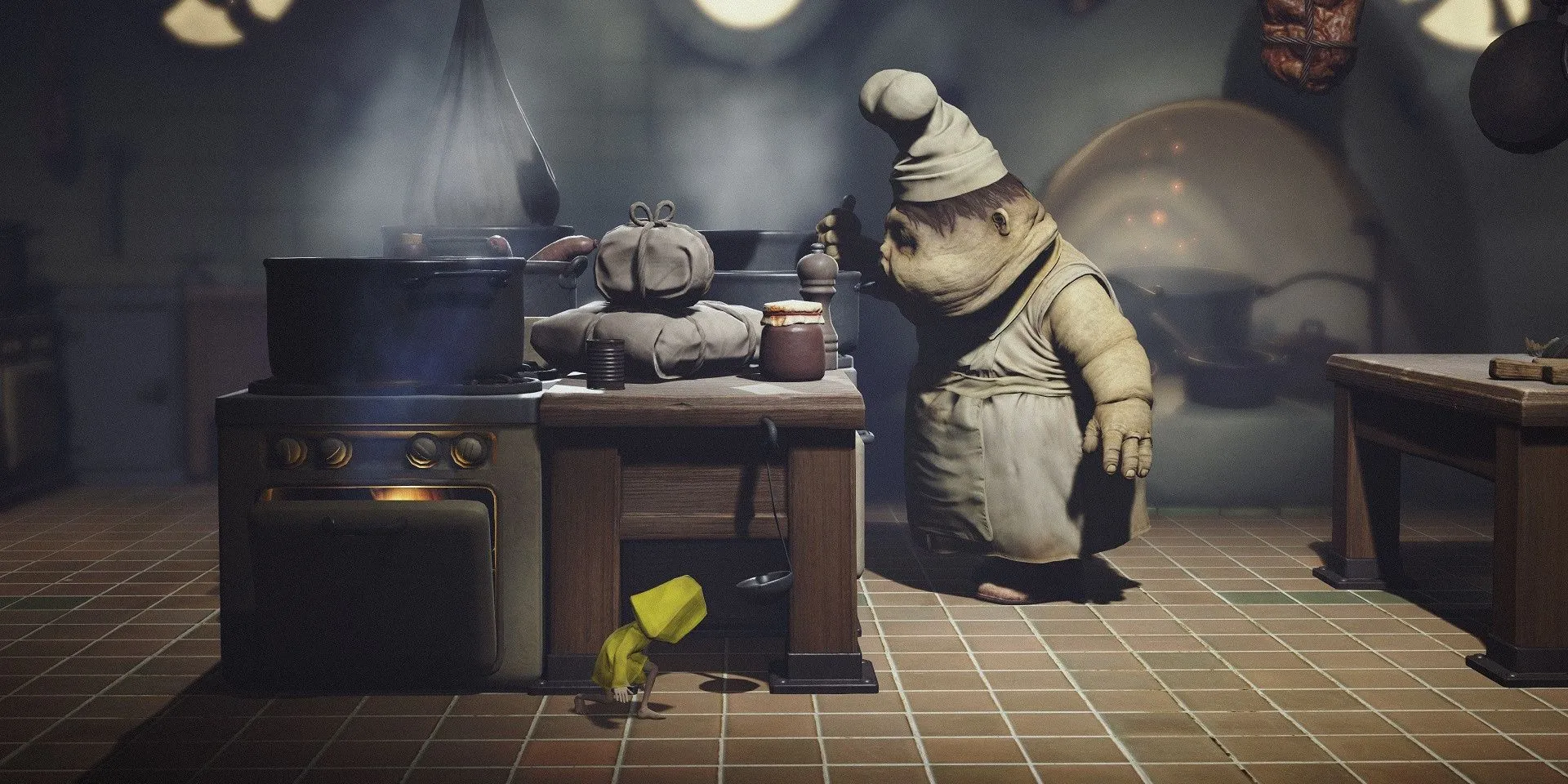Nhân vật Six trốn chạy khỏi gã Đầu Bếp khổng lồ trong Little Nightmares
