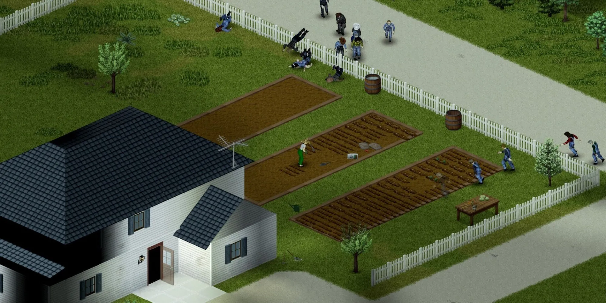 Nhân vật sống sót đơn độc trong Project Zomboid giữa bầy zombie tại một khu dân cư tiêu điều