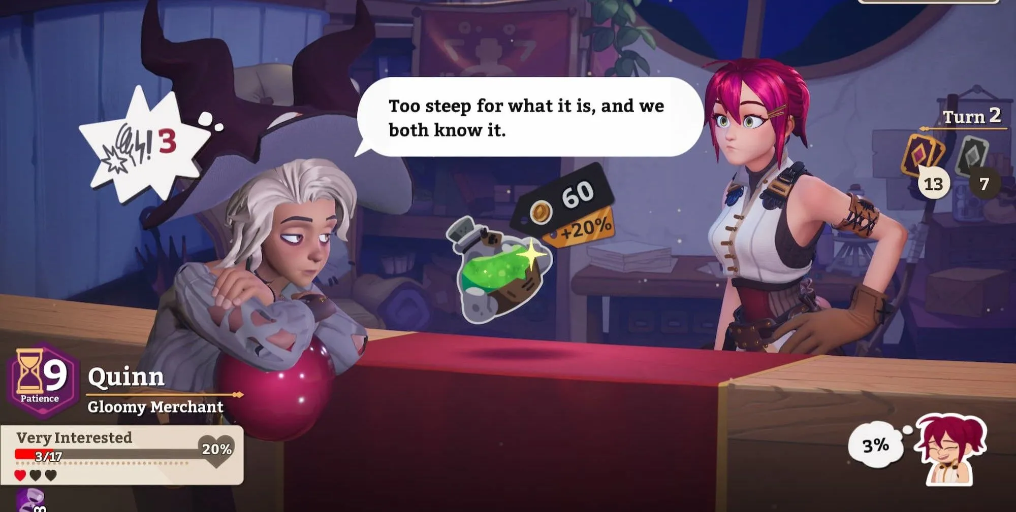 Nhân vật Sylvia mặc cả giá trong game quản lý tiệm thuốc Potionomics