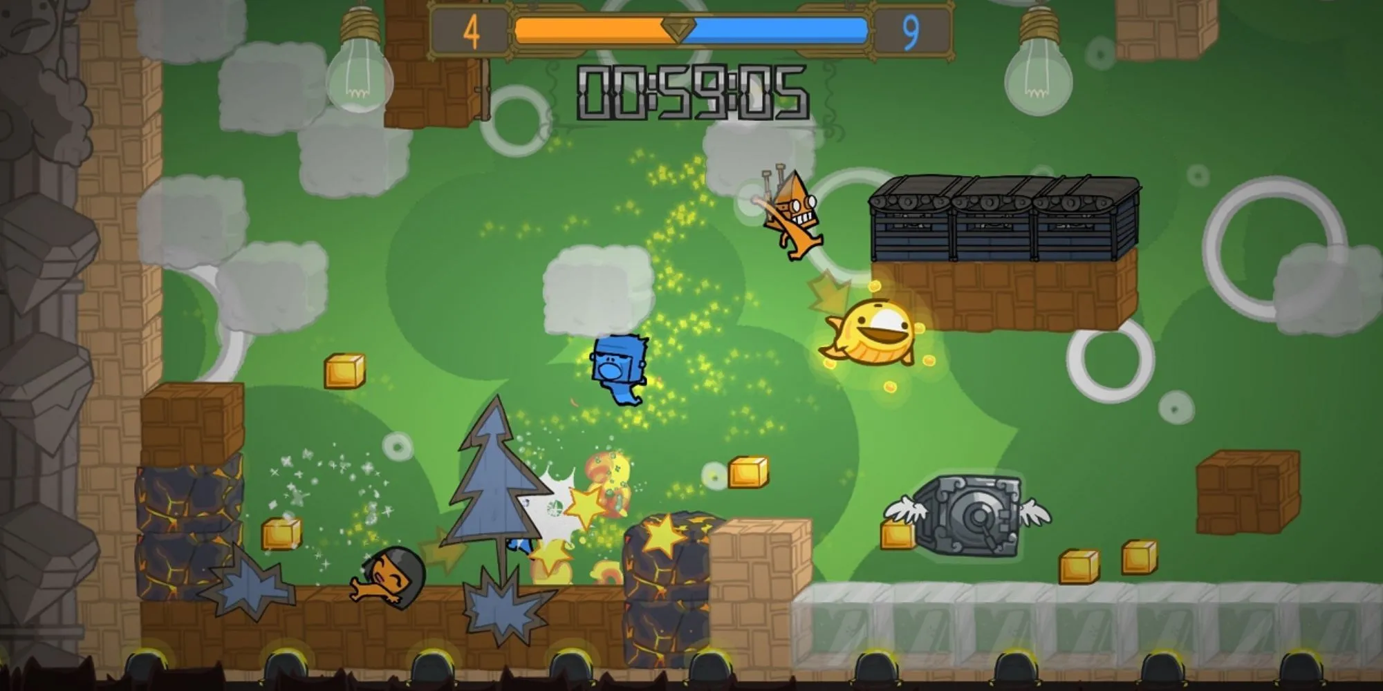 Nhân vật trong Battleblock Theater đang vượt qua các chướng ngại vật trên sân khấu