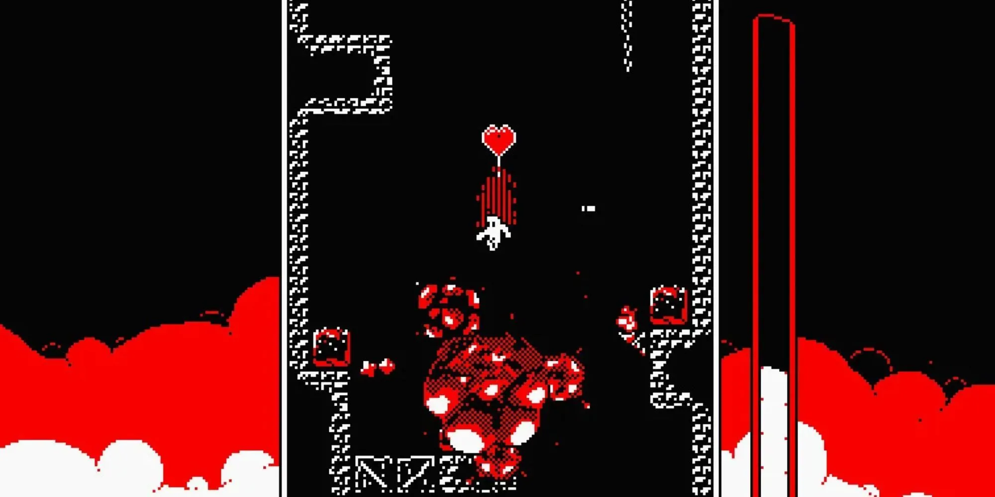 Nhân vật trong game Downwell đang né tránh các vụ nổ khi rơi xuống giếng