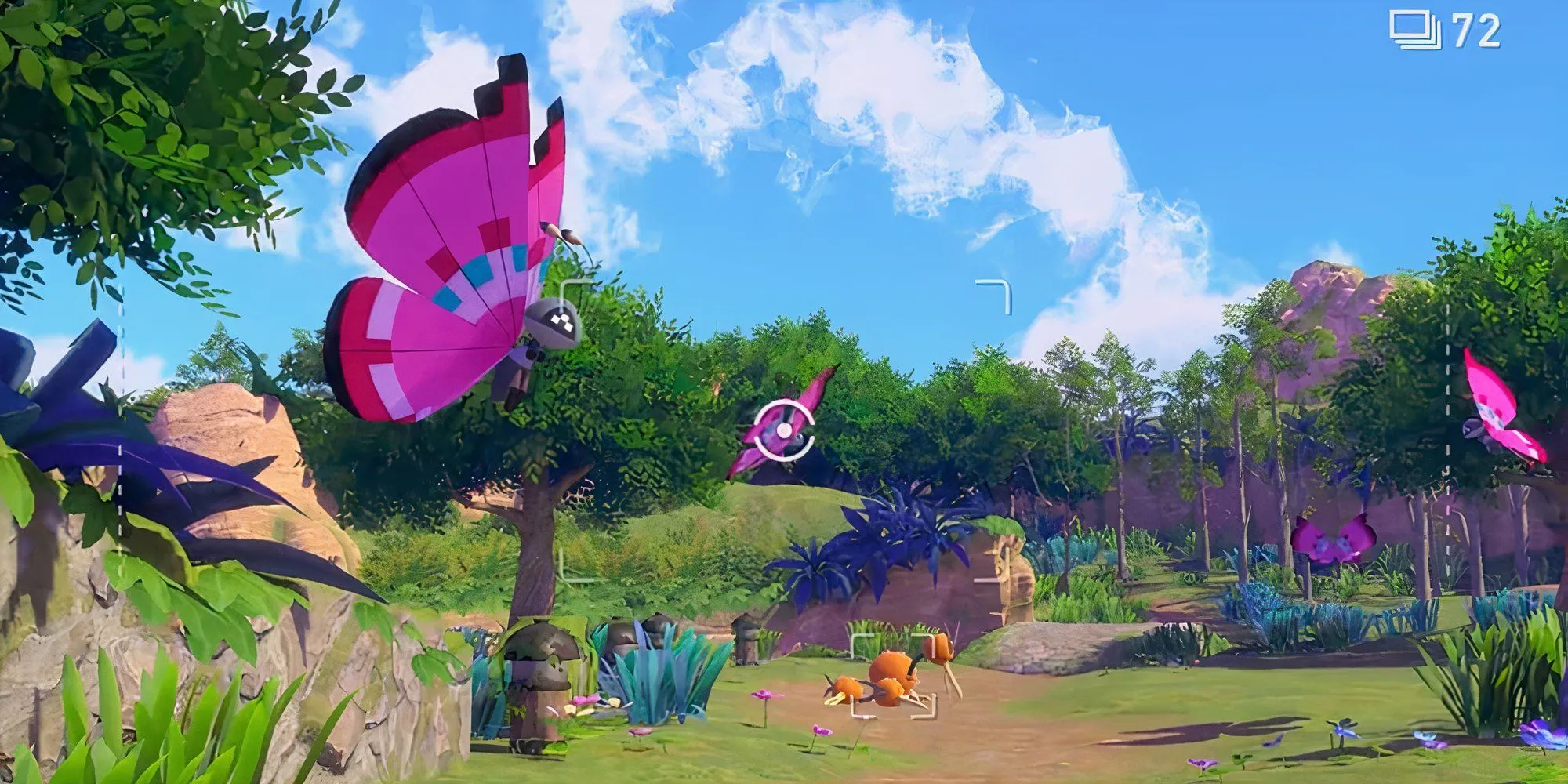 Nhân vật trong New Pokemon Snap đang chụp ảnh Pokemon Dodrio trong môi trường rừng cây
