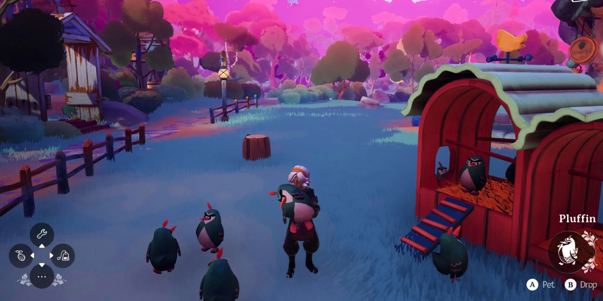 Nhân vật trong Wanderstop tương tác với Pluffin, sinh vật đáng yêu của game