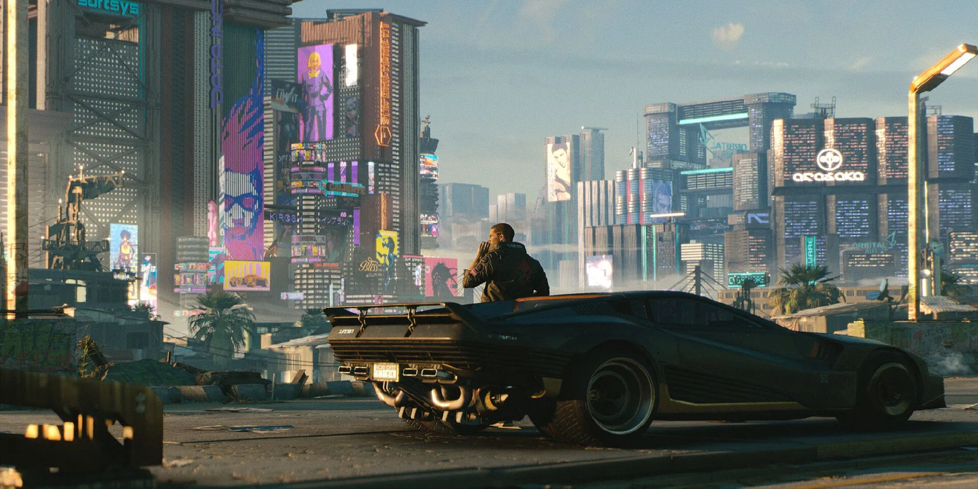 Nhân vật V ngồi trong xe ô tô của mình ở Night City trong Cyberpunk 2077, bối cảnh một thế giới đầy rẫy nguy hiểm và những lựa chọn sinh tử.