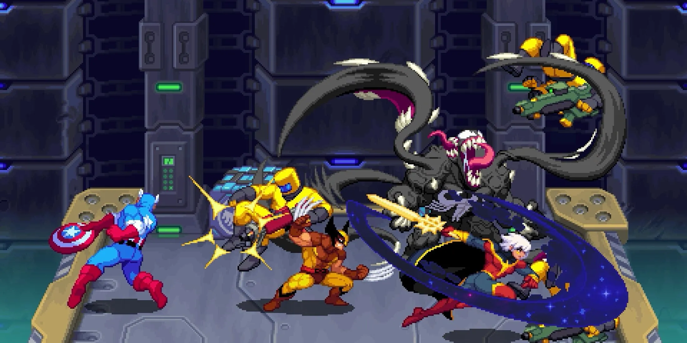 Nhóm bốn người chơi hợp tác trong game Marvel Cosmic Invasion chiến đấu với kẻ thù