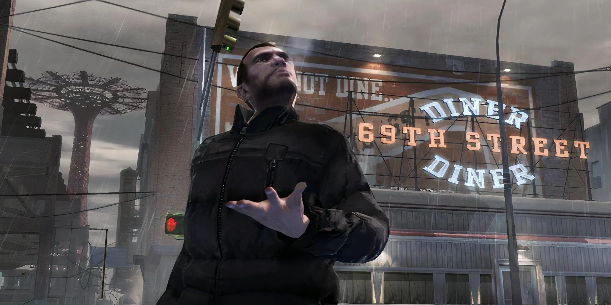 Niko Bellic trong Grand Theft Auto 4 với bối cảnh thành phố Liberty City