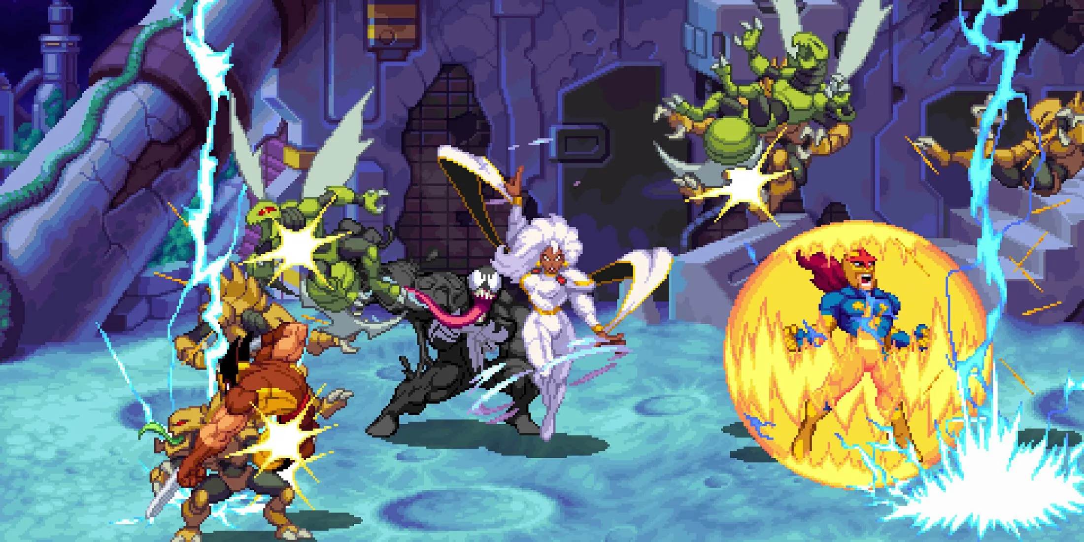 Nova và Storm tung chiêu thức trong game Marvel Cosmic Invasion với phong cách retro