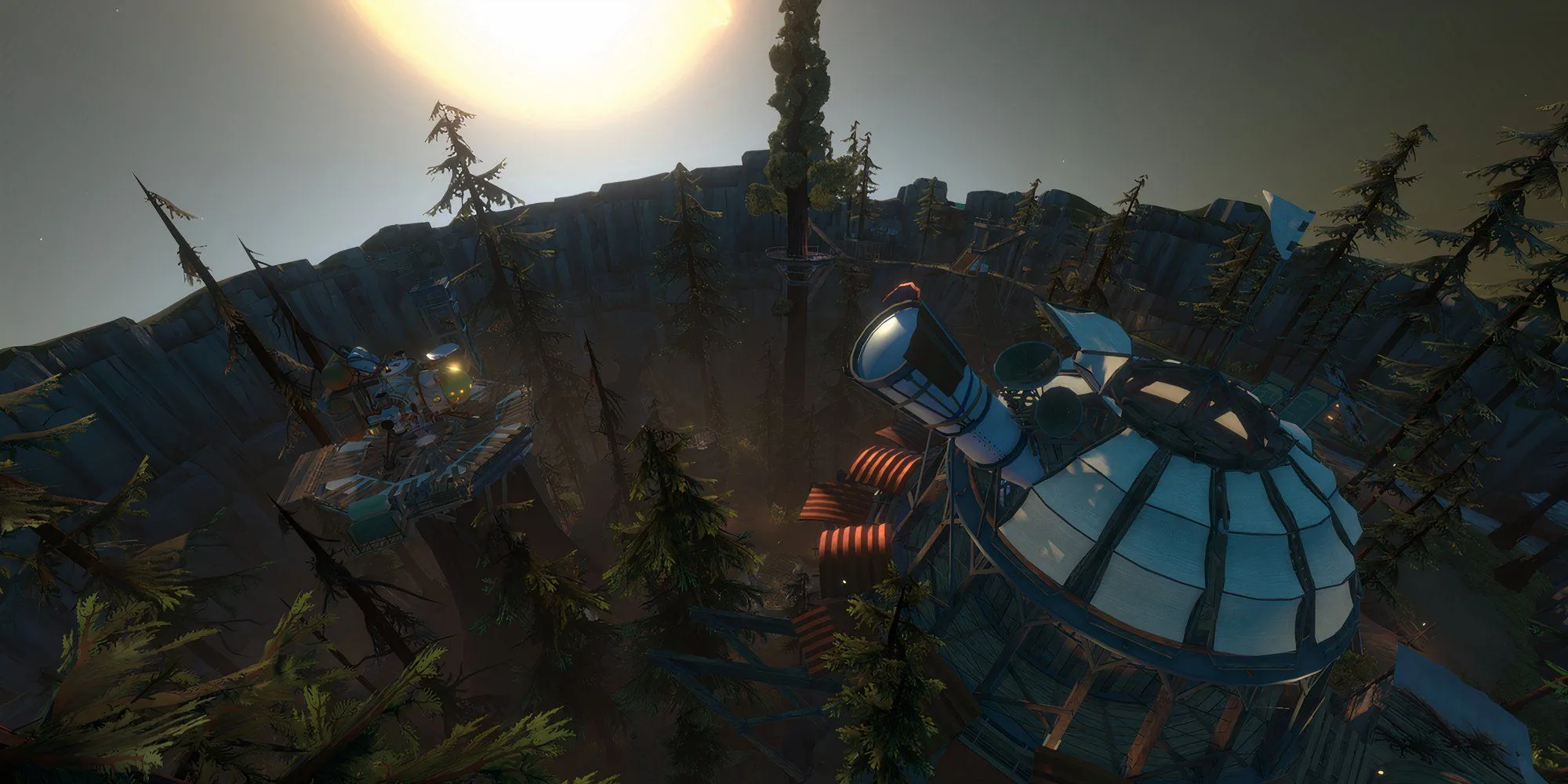 Outer Wilds với cảnh quan một hành tinh rừng rậm nhìn từ trên cao