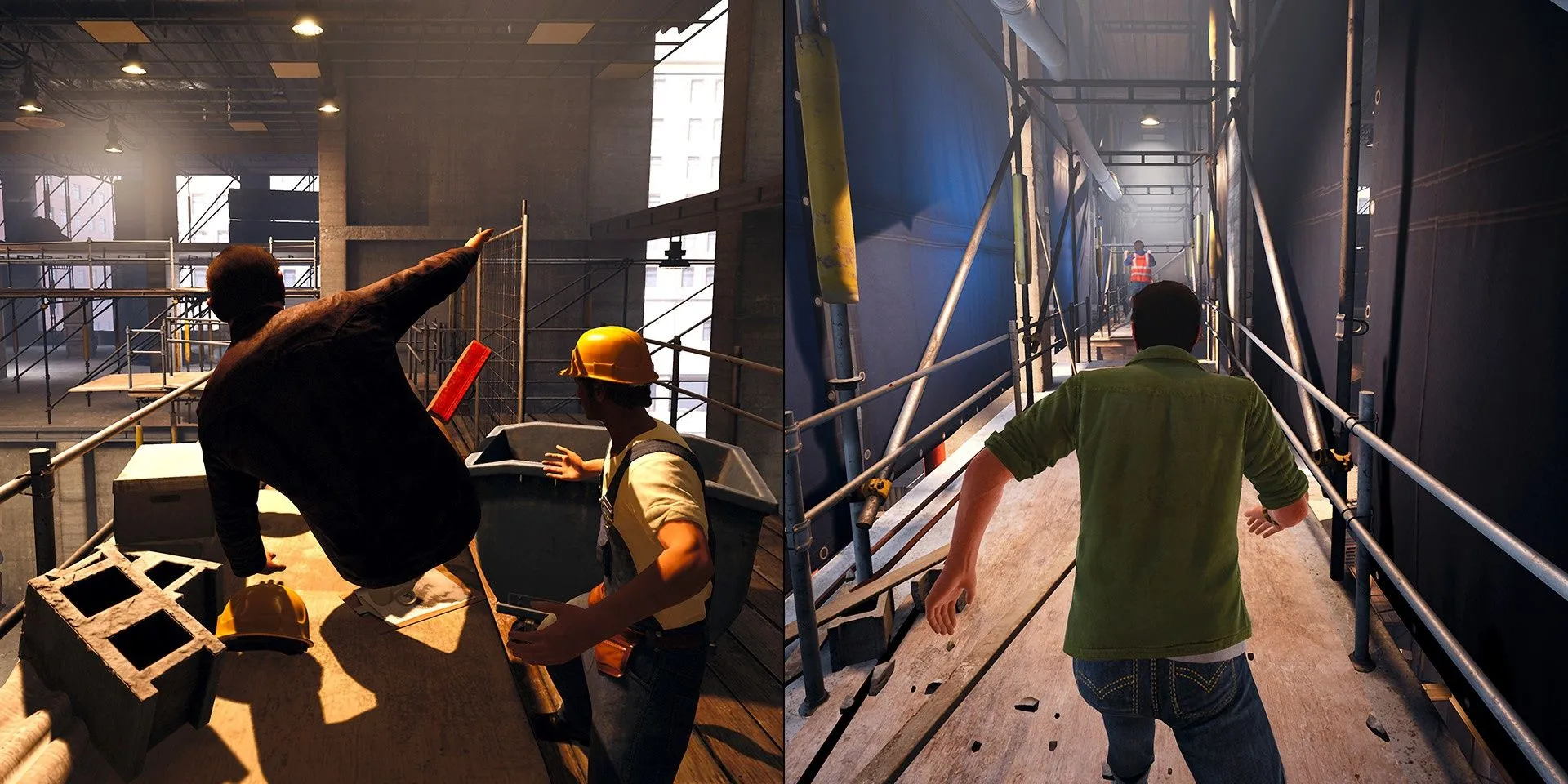 Phân cảnh rượt đuổi tại công trường xây dựng trong game A Way Out, hai nhân vật chính cùng nhau chạy trốn