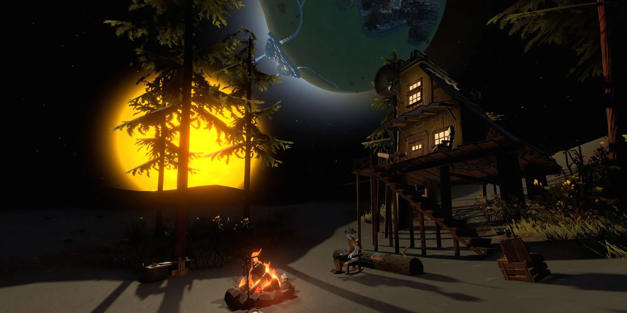 Phi hành gia trong Outer Wilds đứng trên một hành tinh nhỏ nhìn ra vũ trụ bao la đầy bí ẩn.
