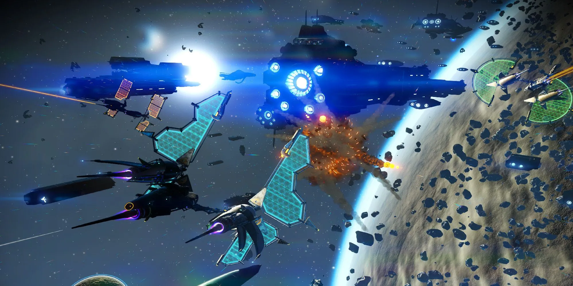 Phi thuyền người chơi trong No Man's Sky đang chiến đấu với tàu địch trong môi trường không gian đầy đá vụn