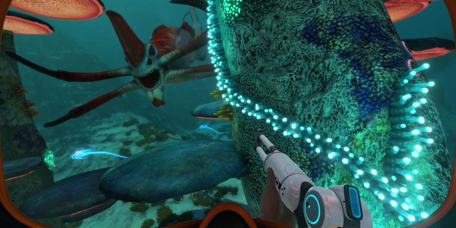 Quái vật Reaper Leviathan khổng lồ trong lòng đại dương của Subnautica, tạo cảm giác sợ hãi và khám phá.