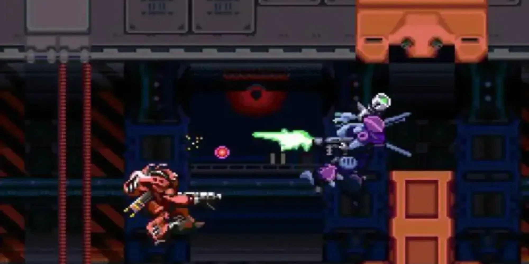 Robot mech đang chiến đấu trong màn chơi game Metal Warriors SNES
