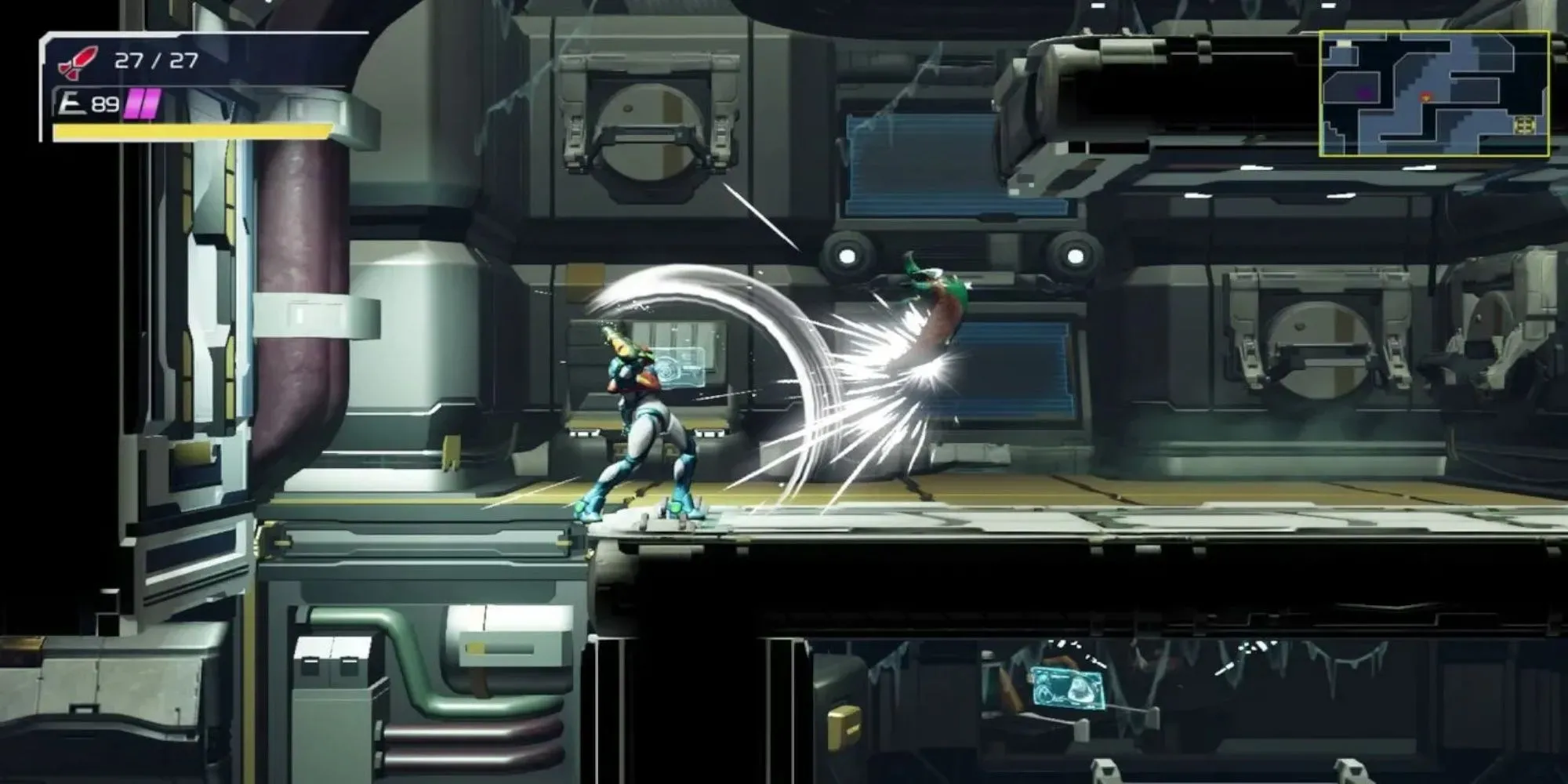 Samus Aran trong Metroid Dread với bộ giáp hiện đại, một tựa game Metroidvania hành động