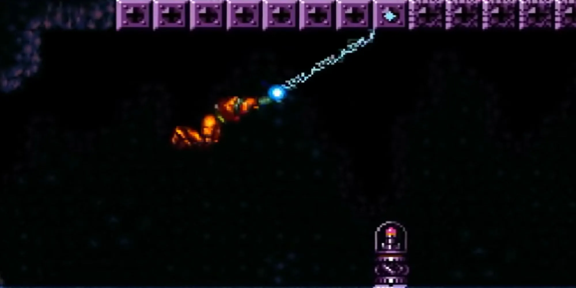 Samus sử dụng Grapple Beam để đu dây trong Super Metroid