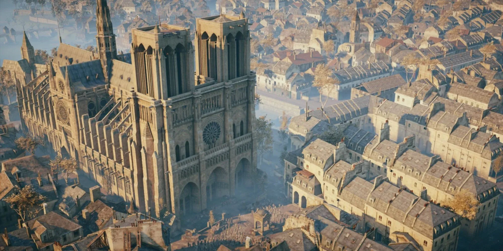 Sát thủ Arno Dorian trong Assassin's Creed Unity nhìn xuống đường phố Paris thời Cách mạng Pháp, một thế giới tuy nhỏ nhưng chi tiết.