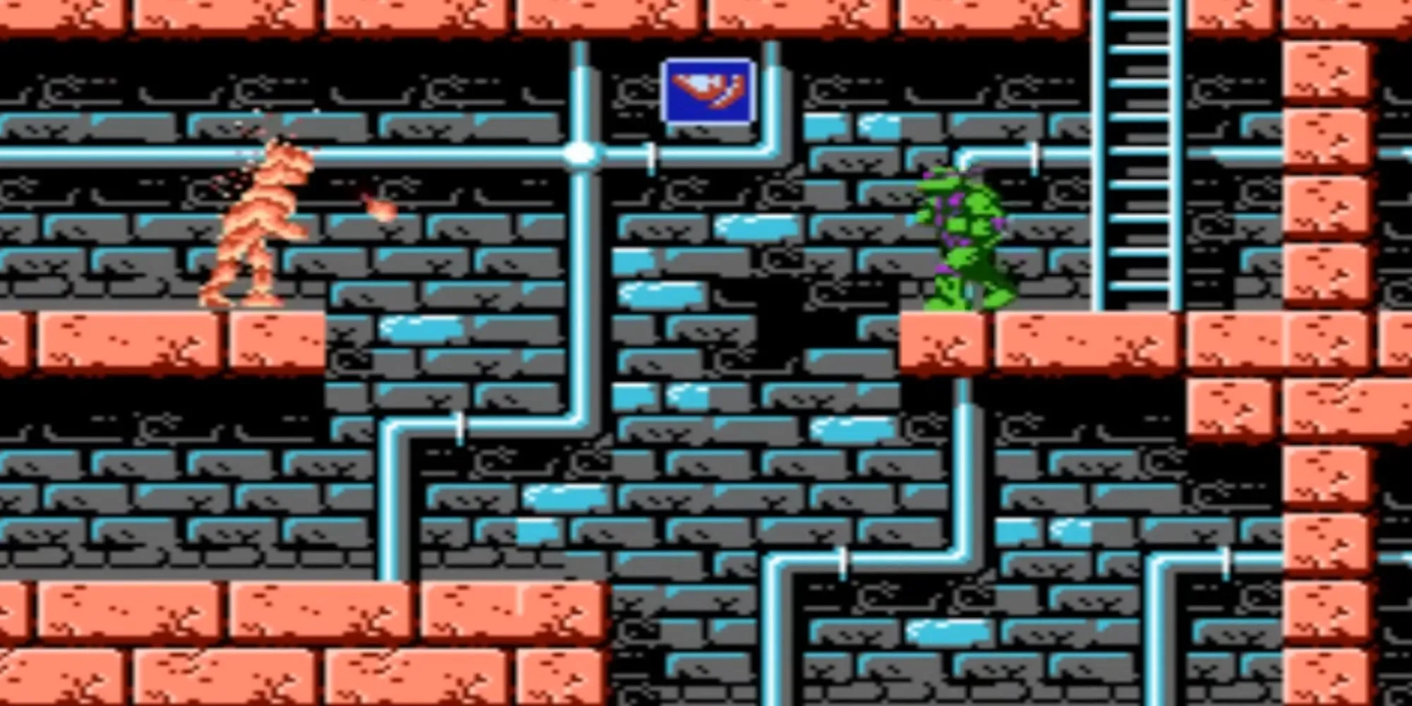Screenshot từ game TMNT trên hệ máy NES cổ điển, hiển thị giao diện 2D