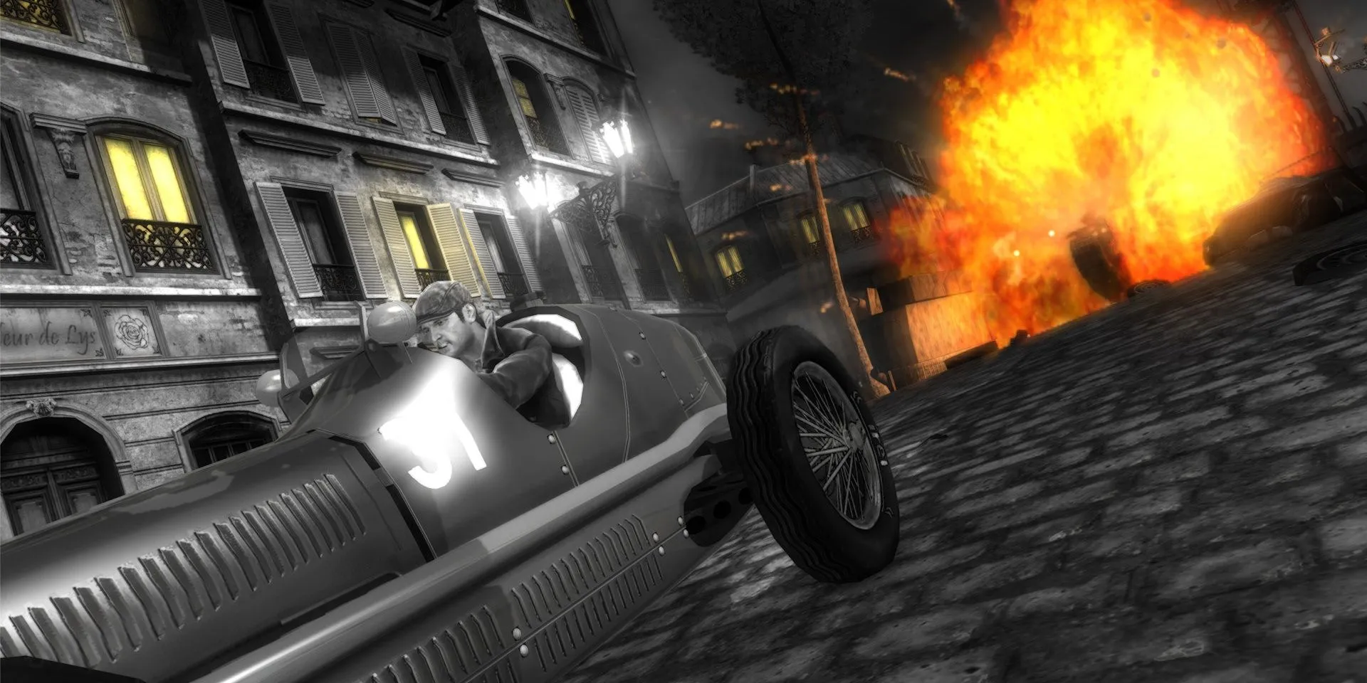 Sean lái xe thoát khỏi một vụ nổ tại Paris trong game The Saboteur