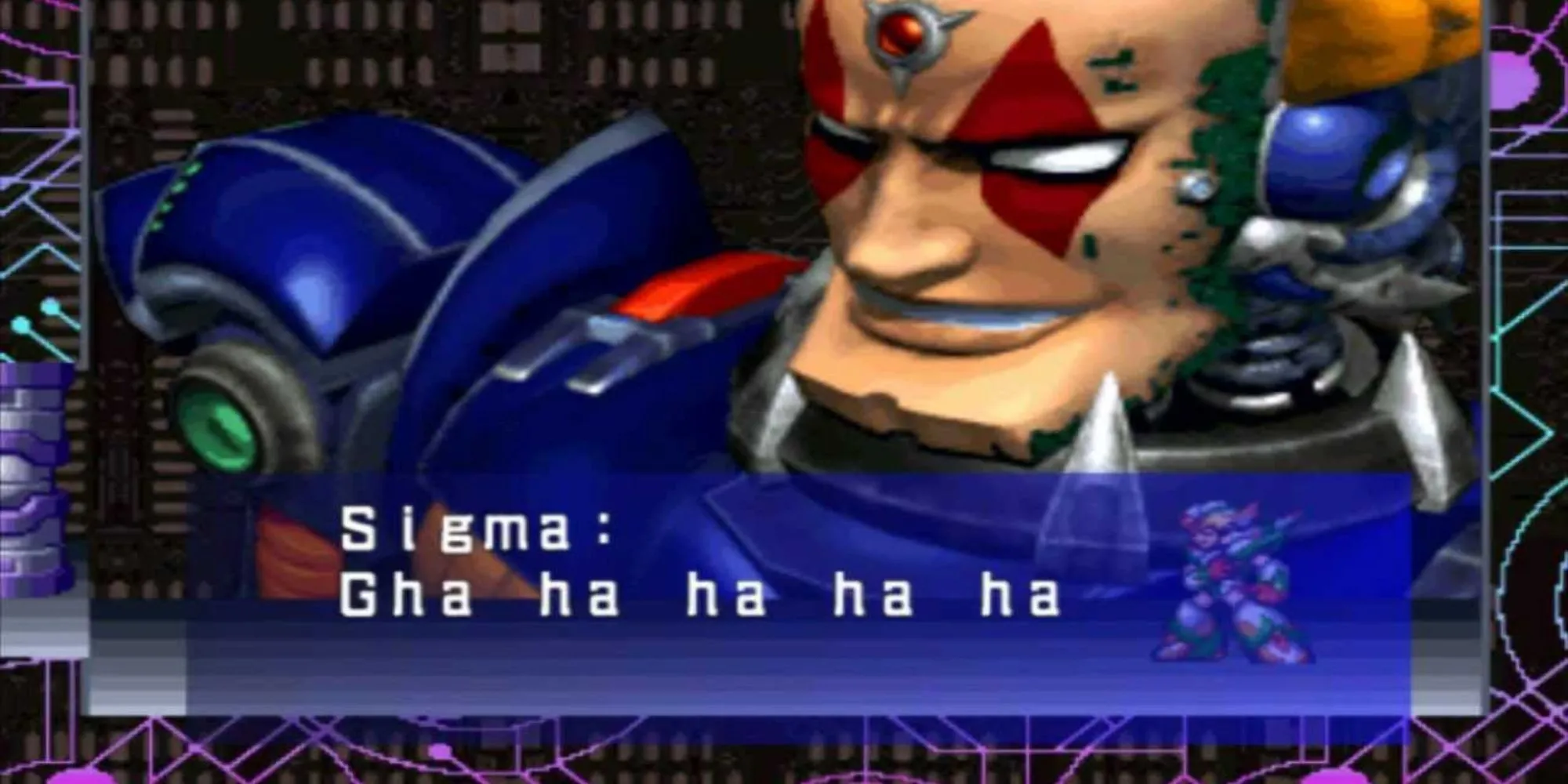 Sigma, trùm cuối của Mega Man X5, trong một cảnh đấu boss điển hình của series game hành động platformer này.