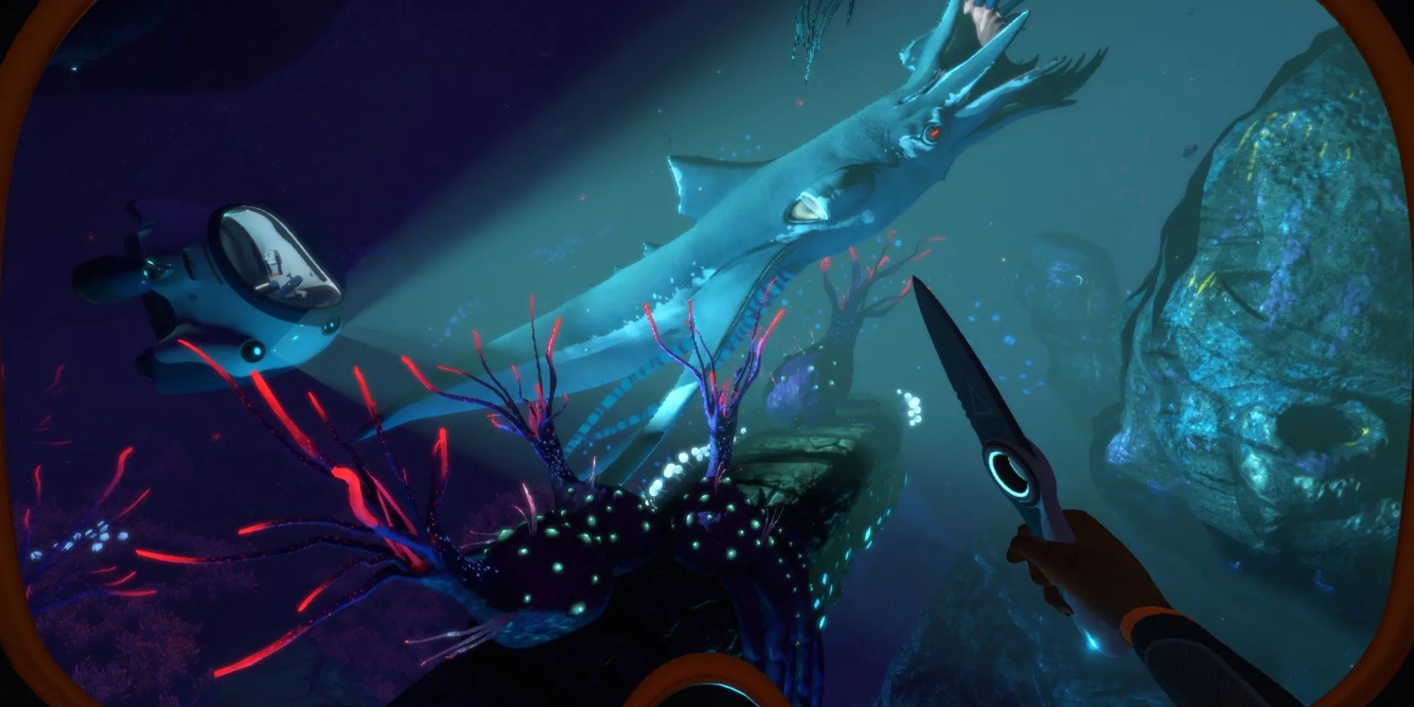 Sinh vật biển Squidshark đáng sợ trong Subnautica tiếp cận tàu ngầm của người chơi dưới đáy đại dương hành tinh 4546B.