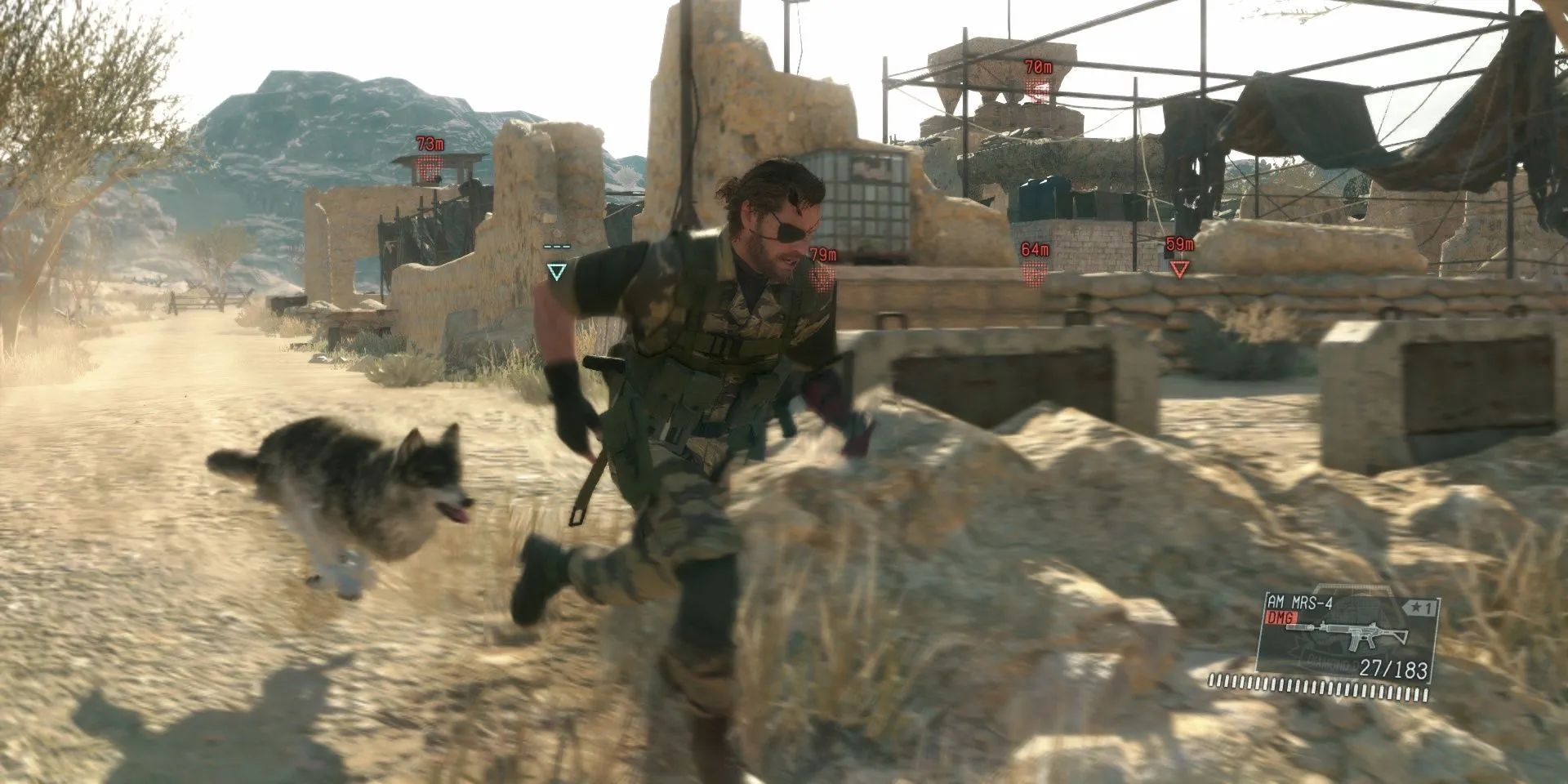 Snake (Big Boss) và D-Dog trong Metal Gear Solid 5: The Phantom Pain, minh họa yếu tố đồng đội và môi trường rộng lớn.