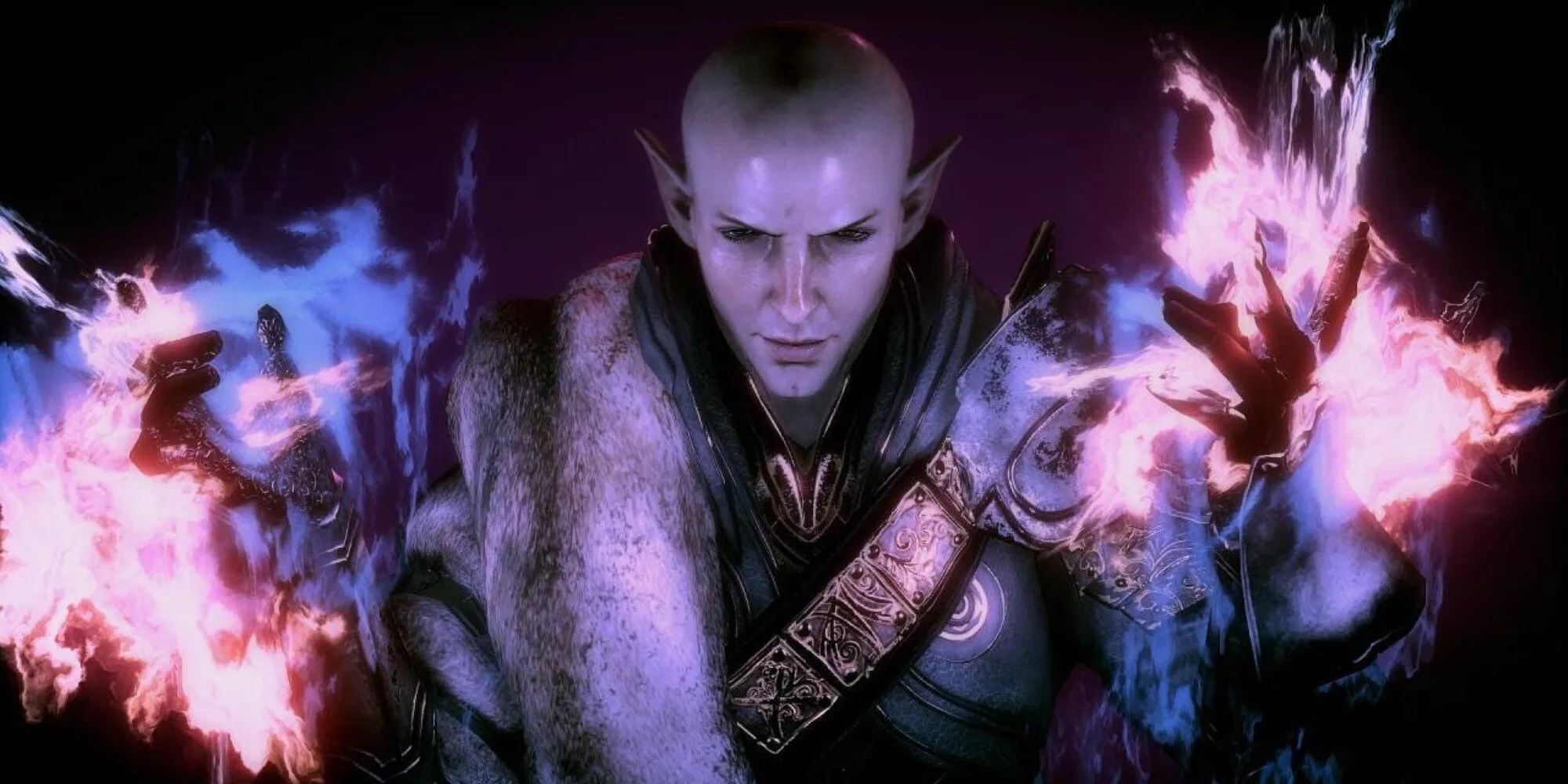 Solas, một đồng hành trong Dragon Age: Inquisition, đang đối thoại với người chơi