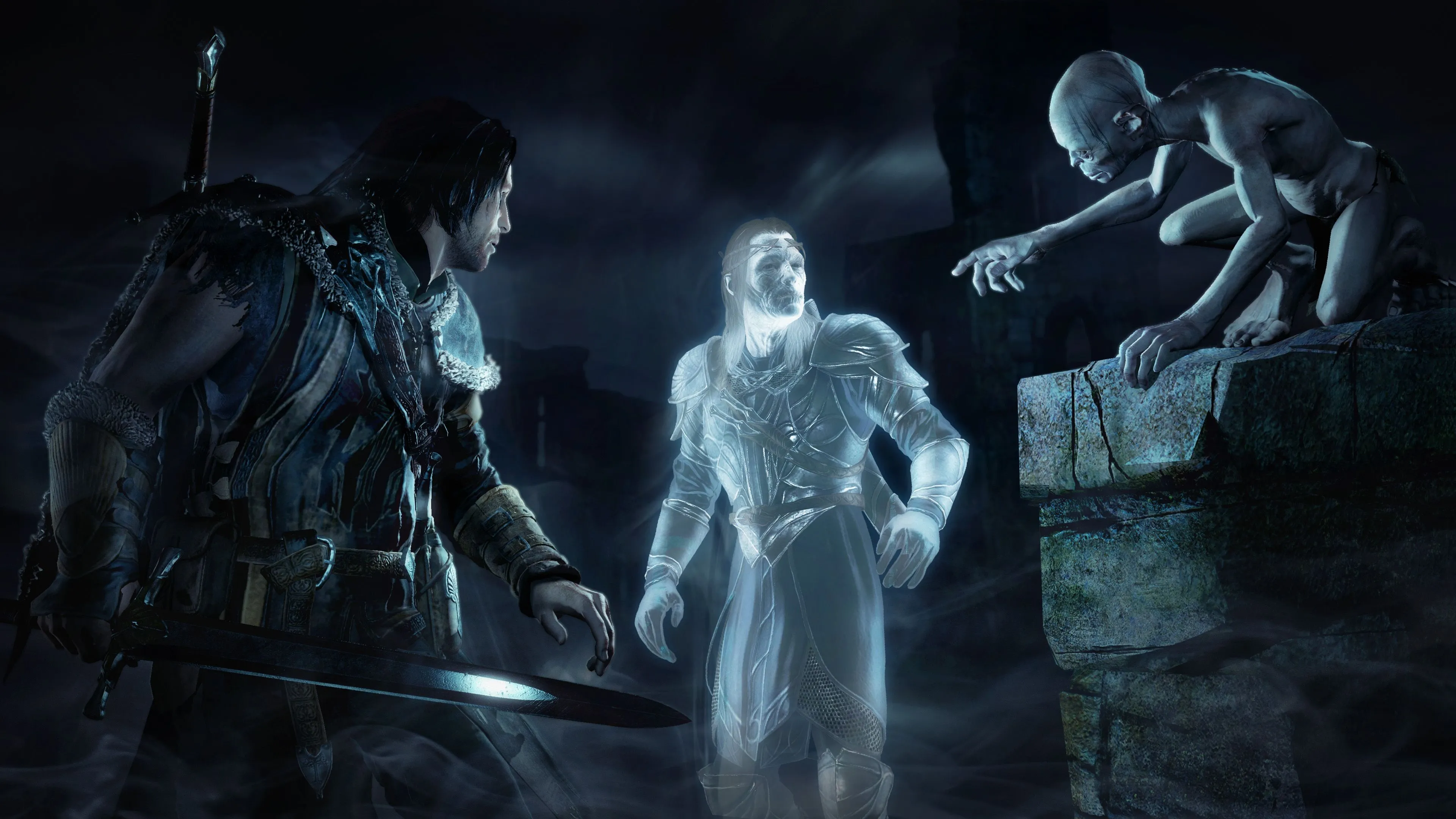 Talion, Celebrimbor và Gollum trong một cảnh của Middle-earth: Shadow of Mordor