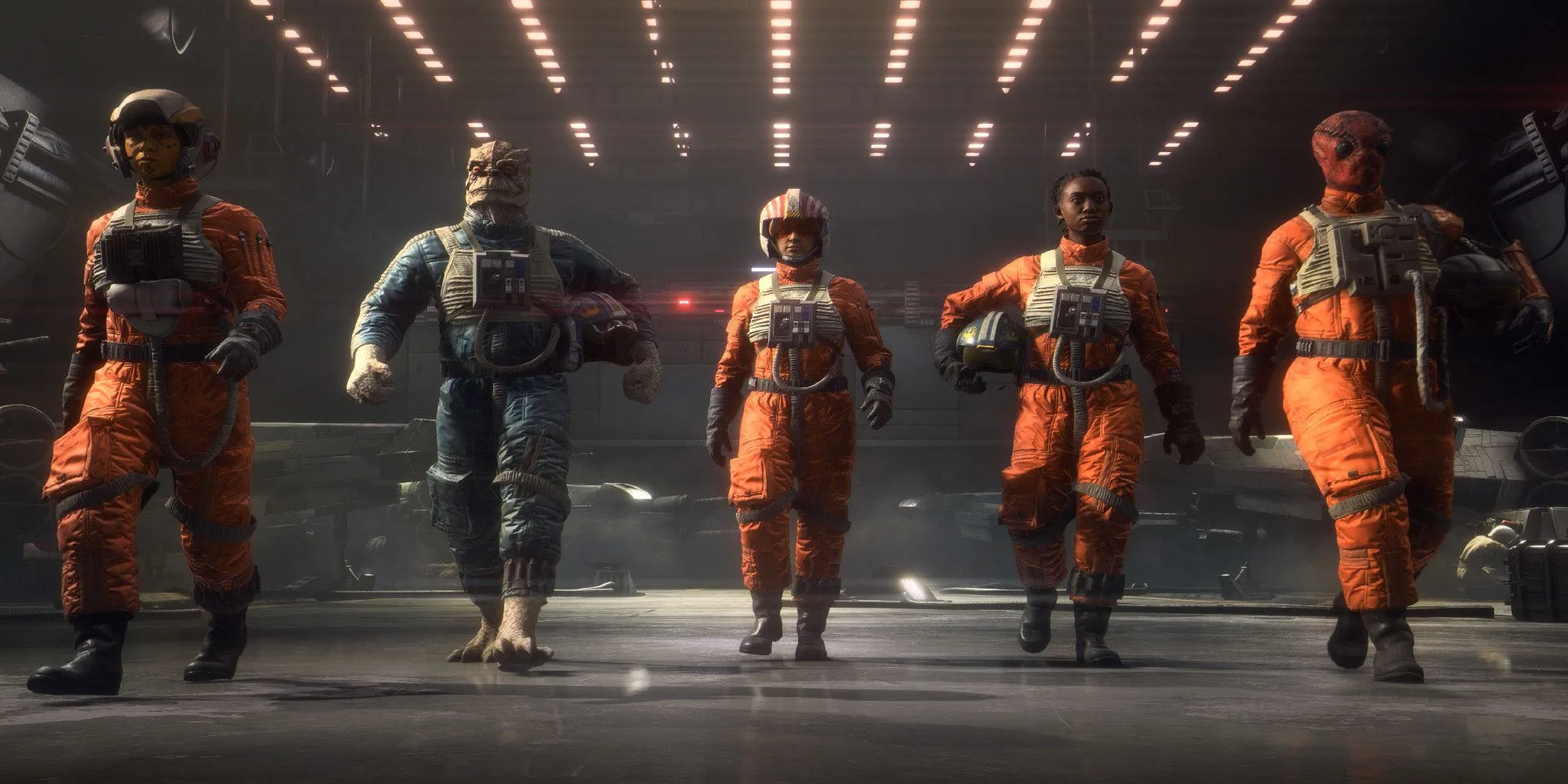 Thành viên Liên minh Nổi dậy đi qua nhà chứa máy bay trong Star Wars: Squadrons