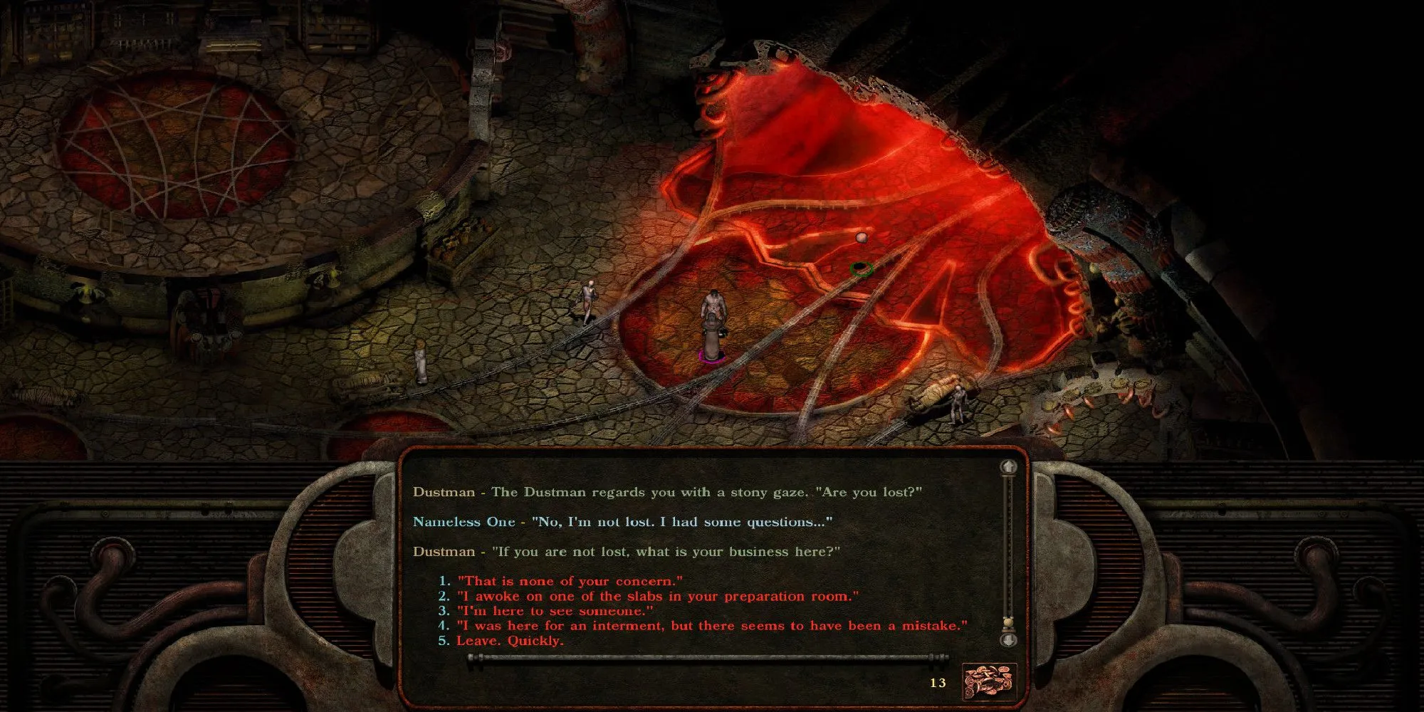 The Nameless One nói chuyện với một người đàn ông trong Planescape Torment, thể hiện sự tương tác sâu sắc và triết học của game.