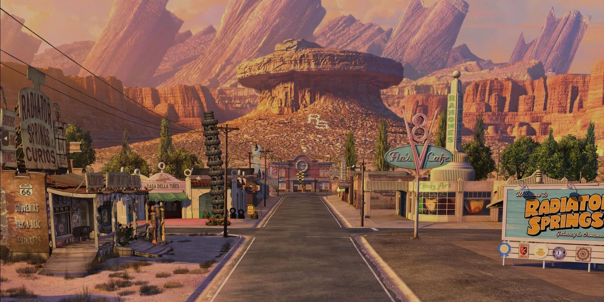 Thị trấn Radiator Springs trong phim Cars nơi Sora có thể biến thành xe đua
