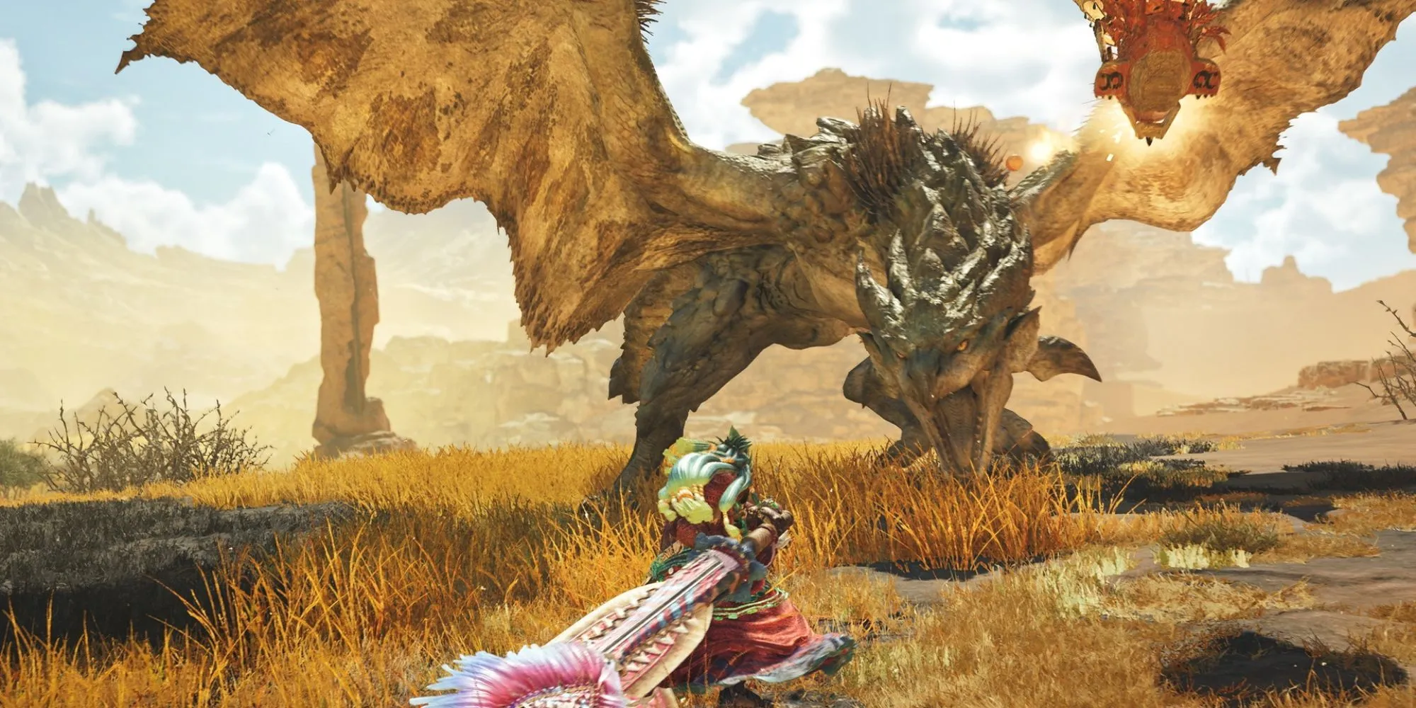 Thợ săn sử dụng đại kiếm chiến đấu với Rathian trong Monster Hunter Wilds