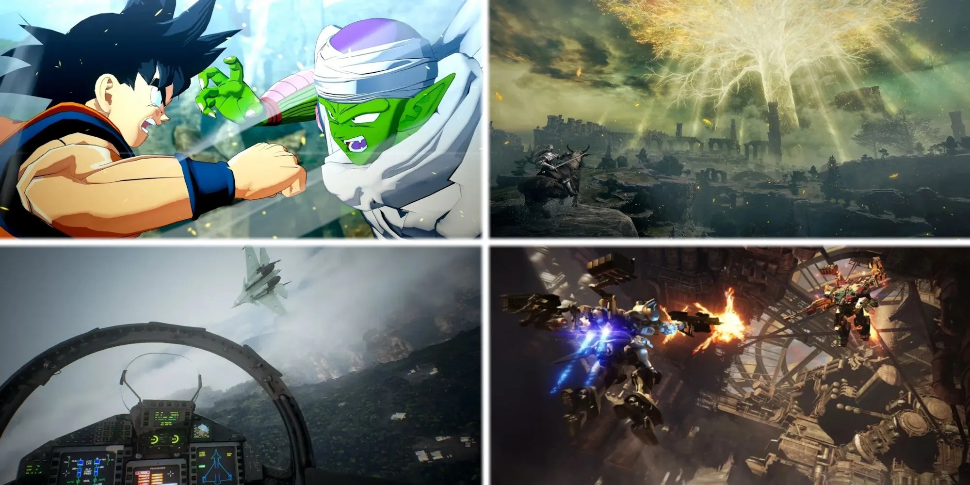 Tổ hợp ảnh các game nổi bật từ Bandai Namco: Elden Ring, Dragon Ball Z Kakarot, Armored Core 6, và Ace Combat 7. Những tựa game hit ảnh hưởng đến doanh thu nhà phát hành.