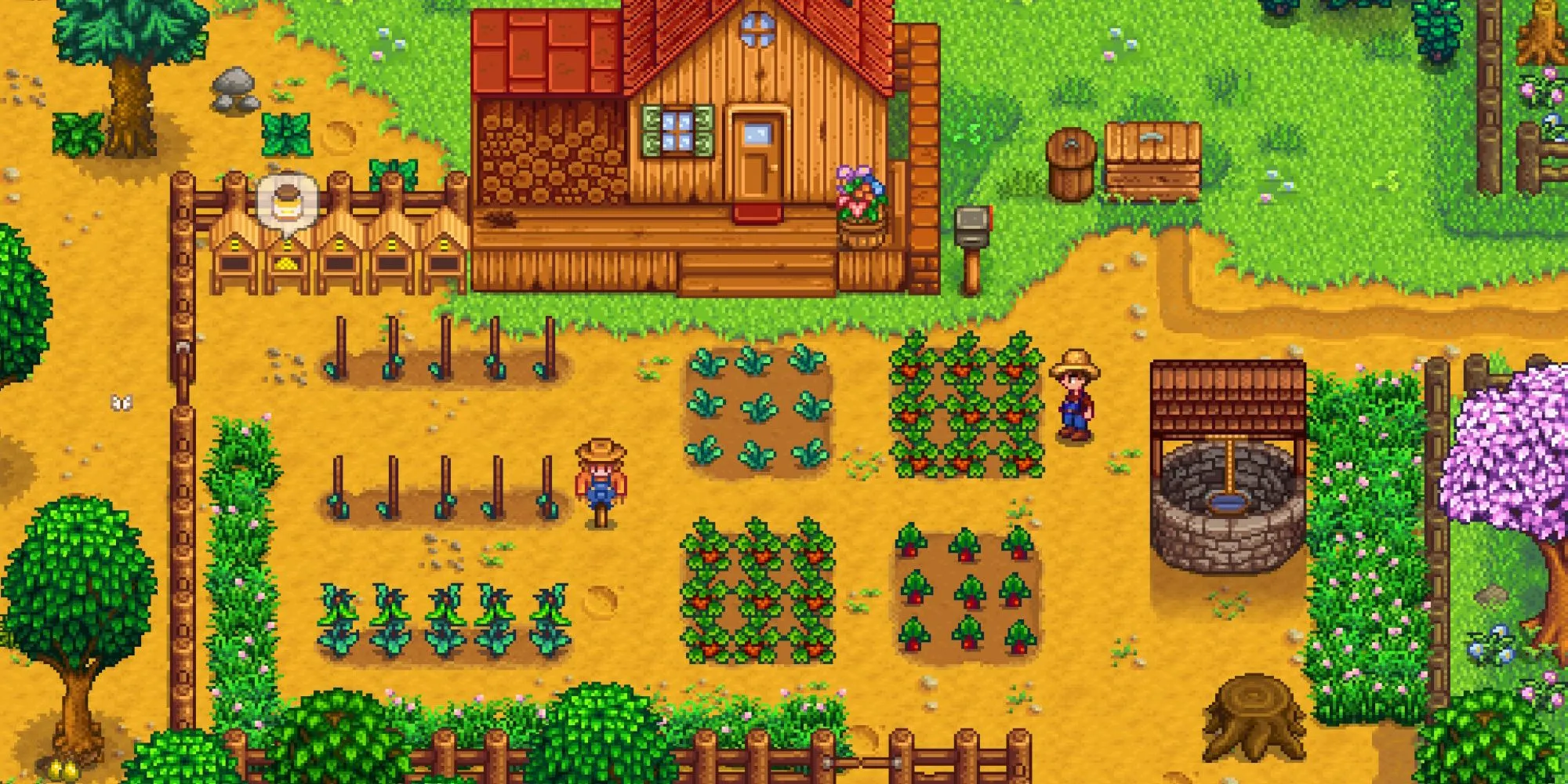 Trang trại của bạn trong Stardew Valley với cây trồng, giếng, bù nhìn và một số tổ ong