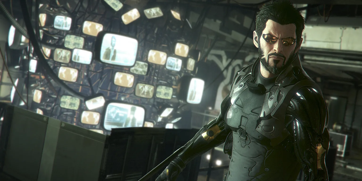 Tựa game Deus Ex: Mankind Divided với nhân vật chính Adam Jensen trong bối cảnh thành phố tương lai