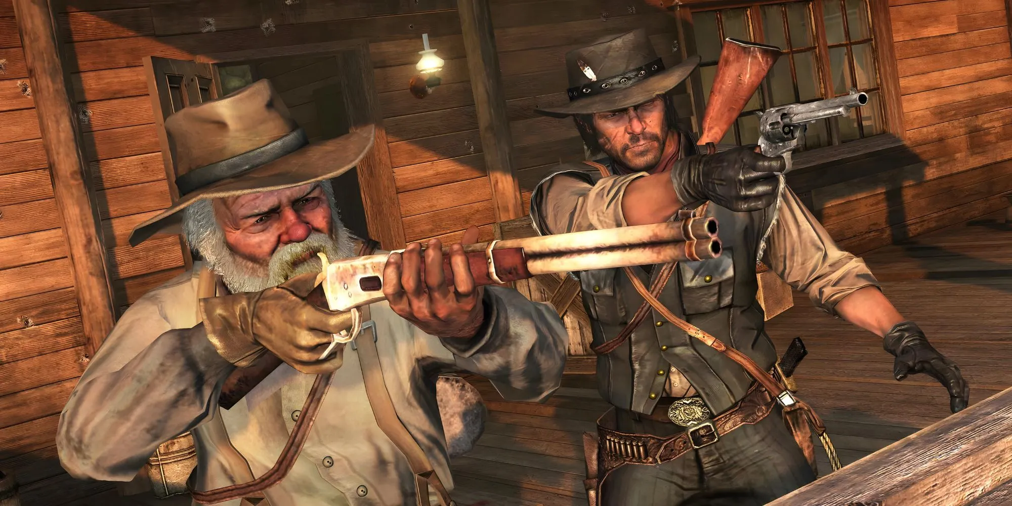 Uncle và John Marston tại trang trại ở cuối Red Dead Redemption, một khoảnh khắc bình yên hiếm hoi