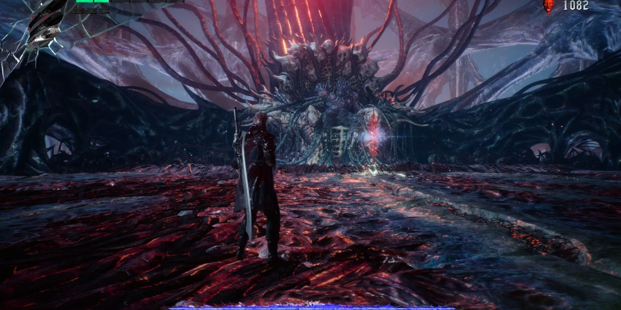 Urizen, một trong những trùm cuối của Devil May Cry 5, ngồi trên ngai vàng của hắn.
