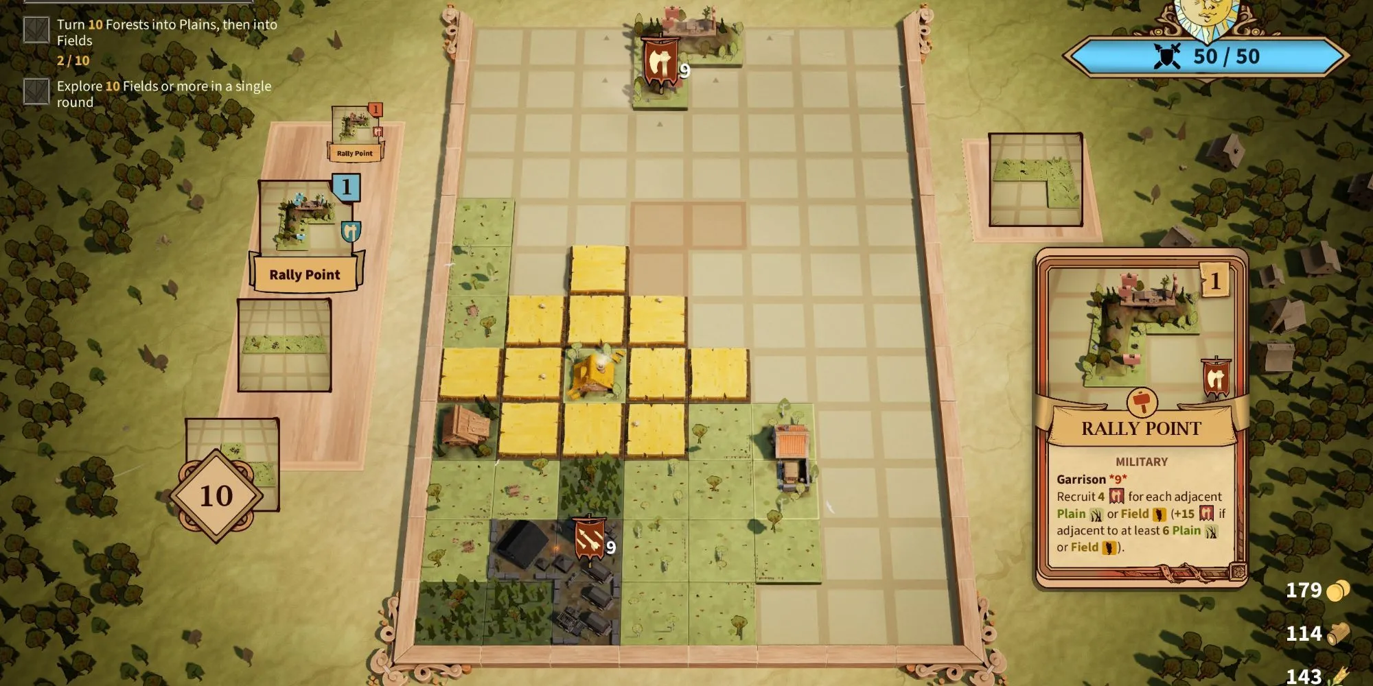 Ví dụ về synergy trong Drop Duchy: kết hợp Wood Clearer, Farm và Watchtower