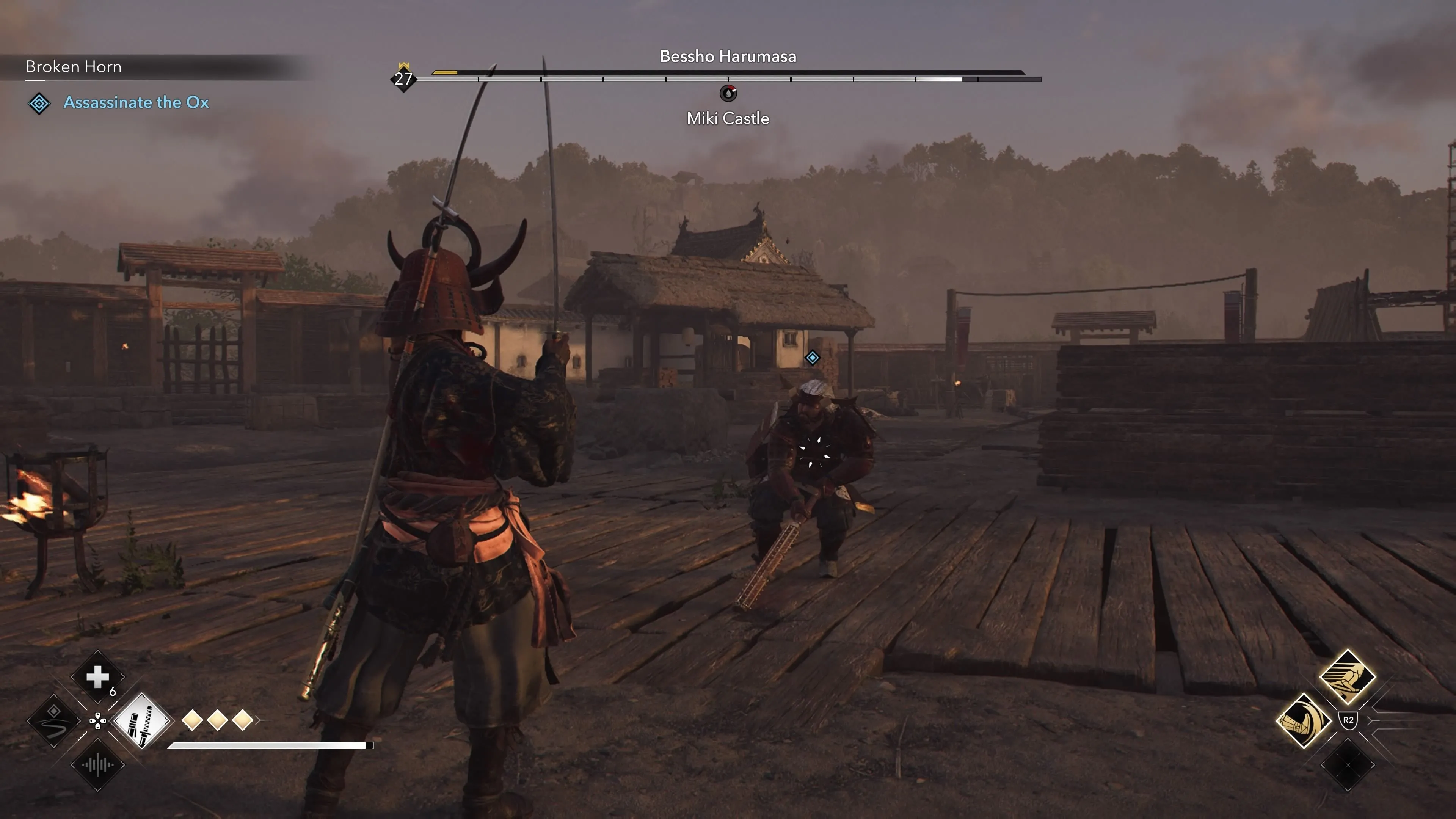 Yasuke chiến đấu với The Ox, kẻ sử dụng một cây kanabo lớn, trong Assassin's Creed Shadows
