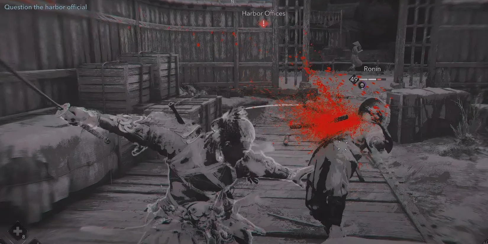 Yasuke đối đầu với lính gác tại bến cảng trong tuyến nhiệm vụ The Wheel Unmasked