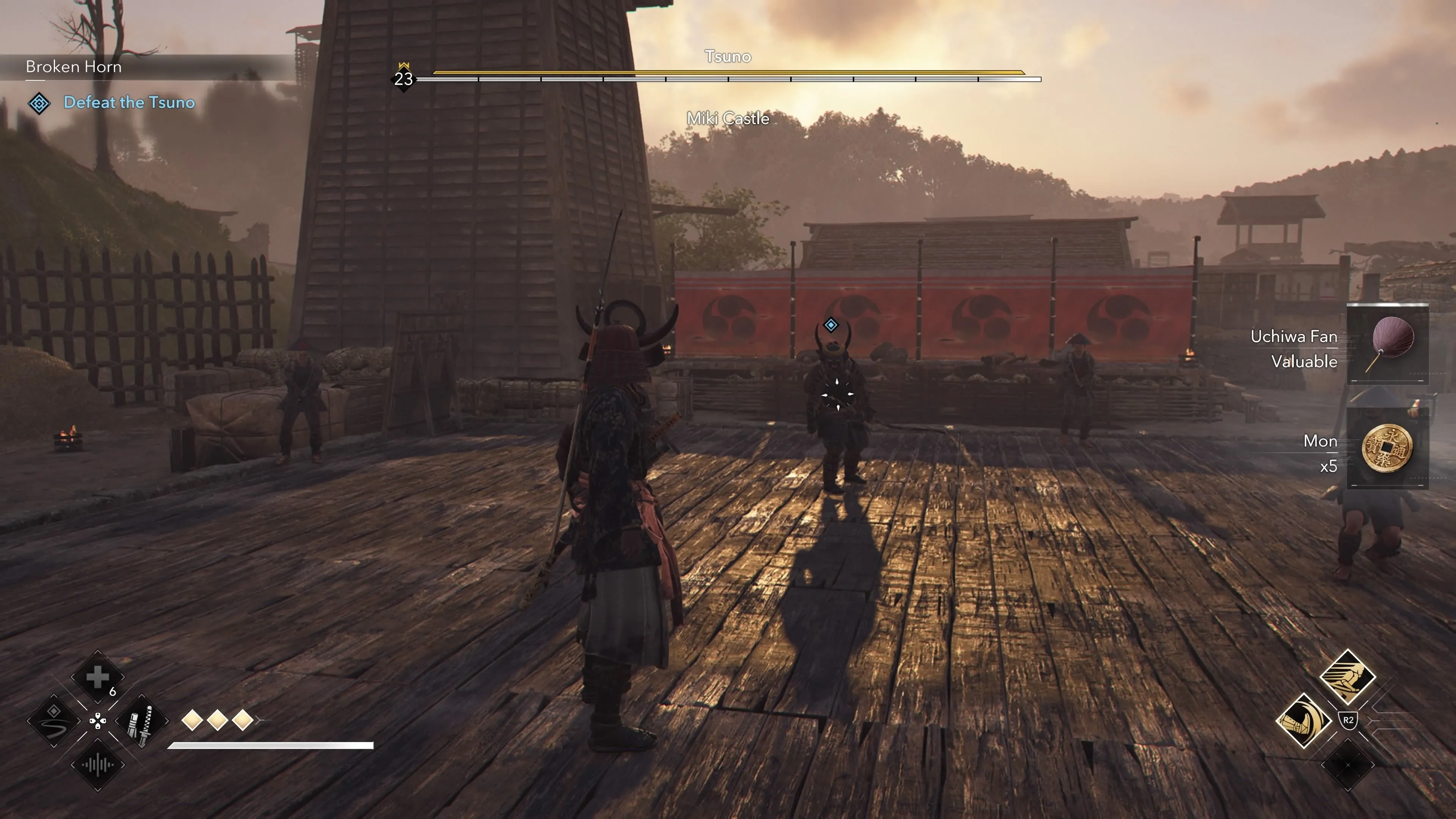 Yasuke đối đầu với The Tsuno, cánh tay phải của The Ox, trong Assassin's Creed Shadows