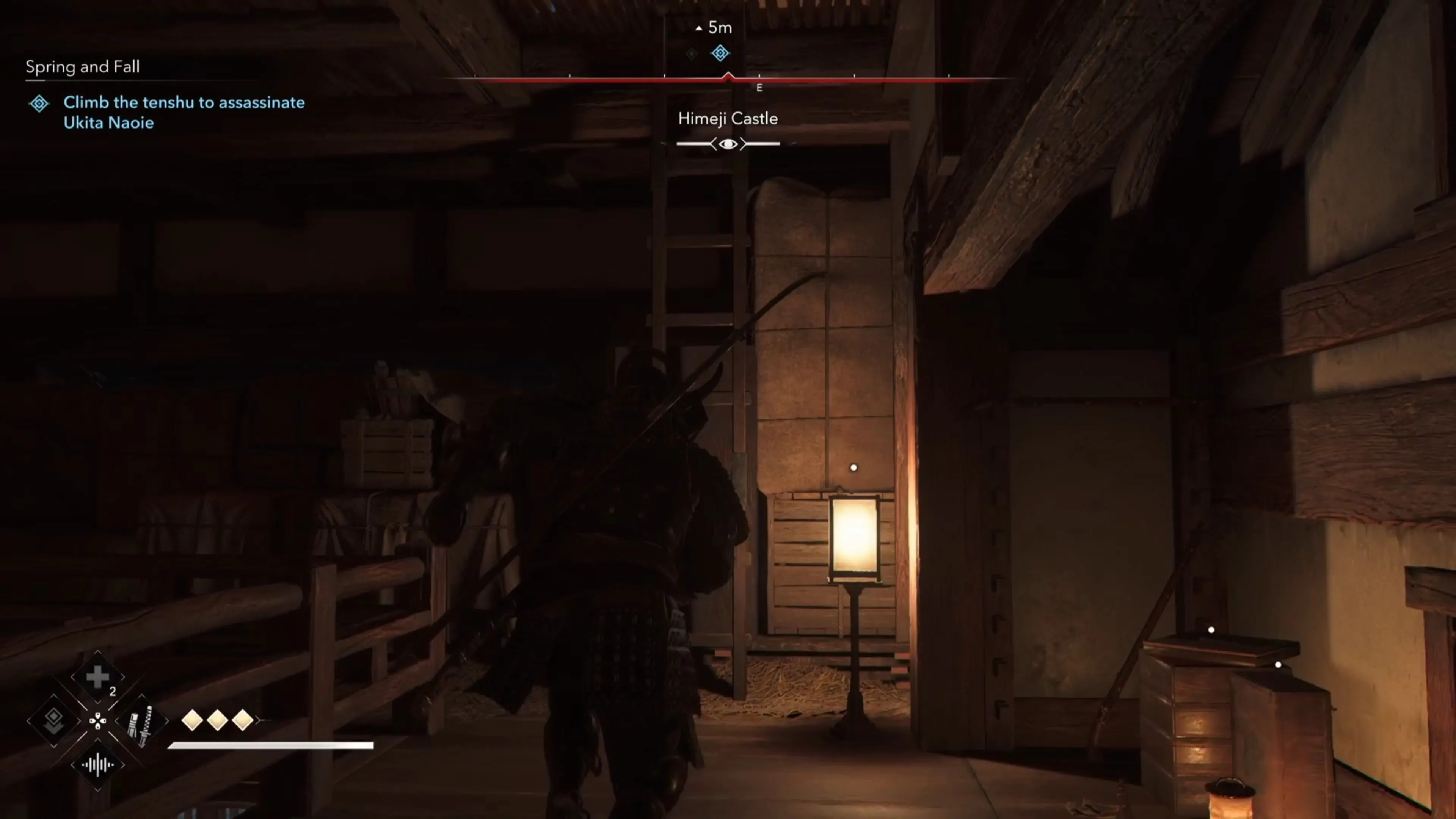 Yasuke đối mặt với Ukita Naoie trên đỉnh tenshu trong Assassin's Creed Shadows