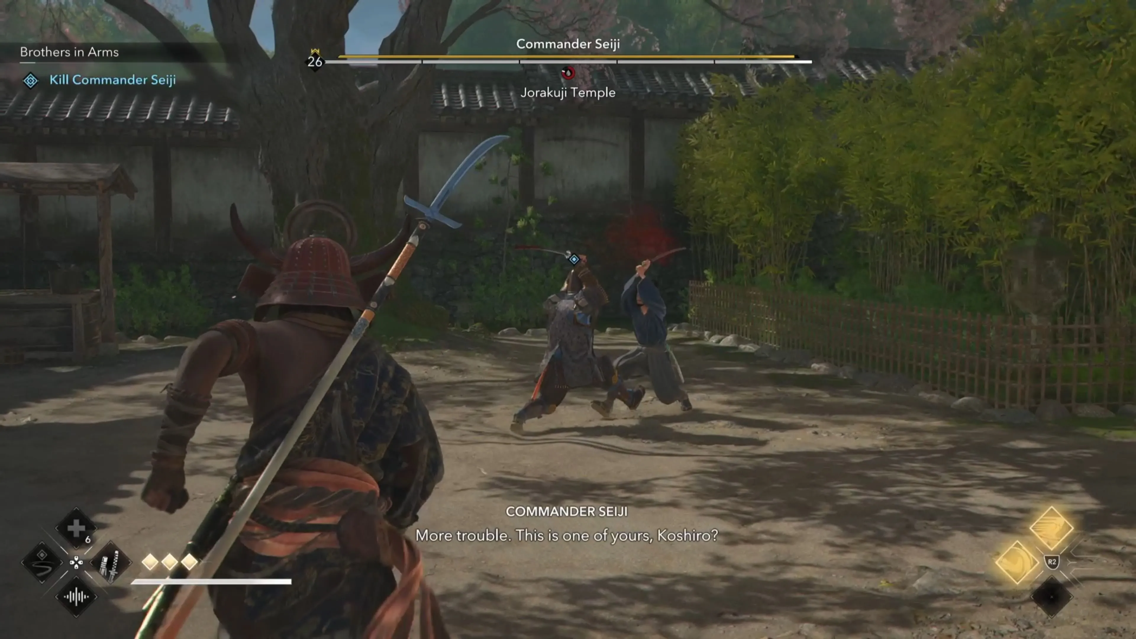 Yasuke và Koshiro đối mặt với Chỉ huy Seiji trong Thành Kanki ở Assassin's Creed Shadows