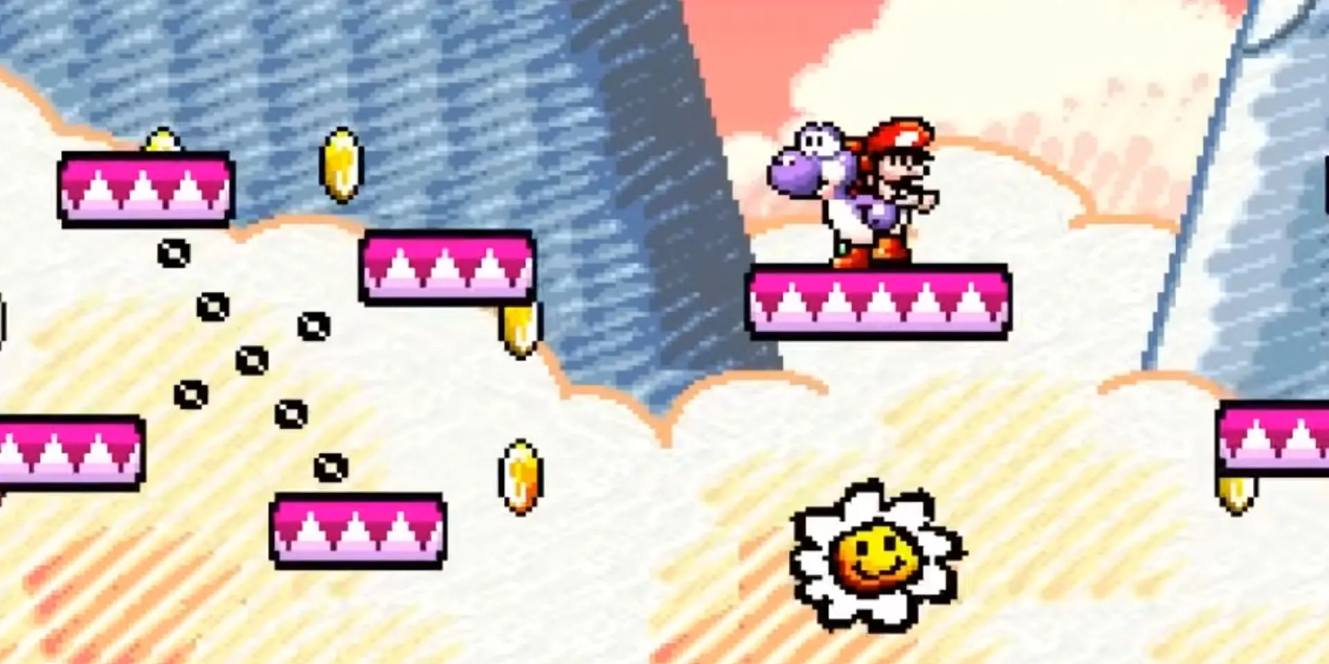 Yoshi đứng trên một bục trong Yoshi's Island, cảnh nền vẽ tay